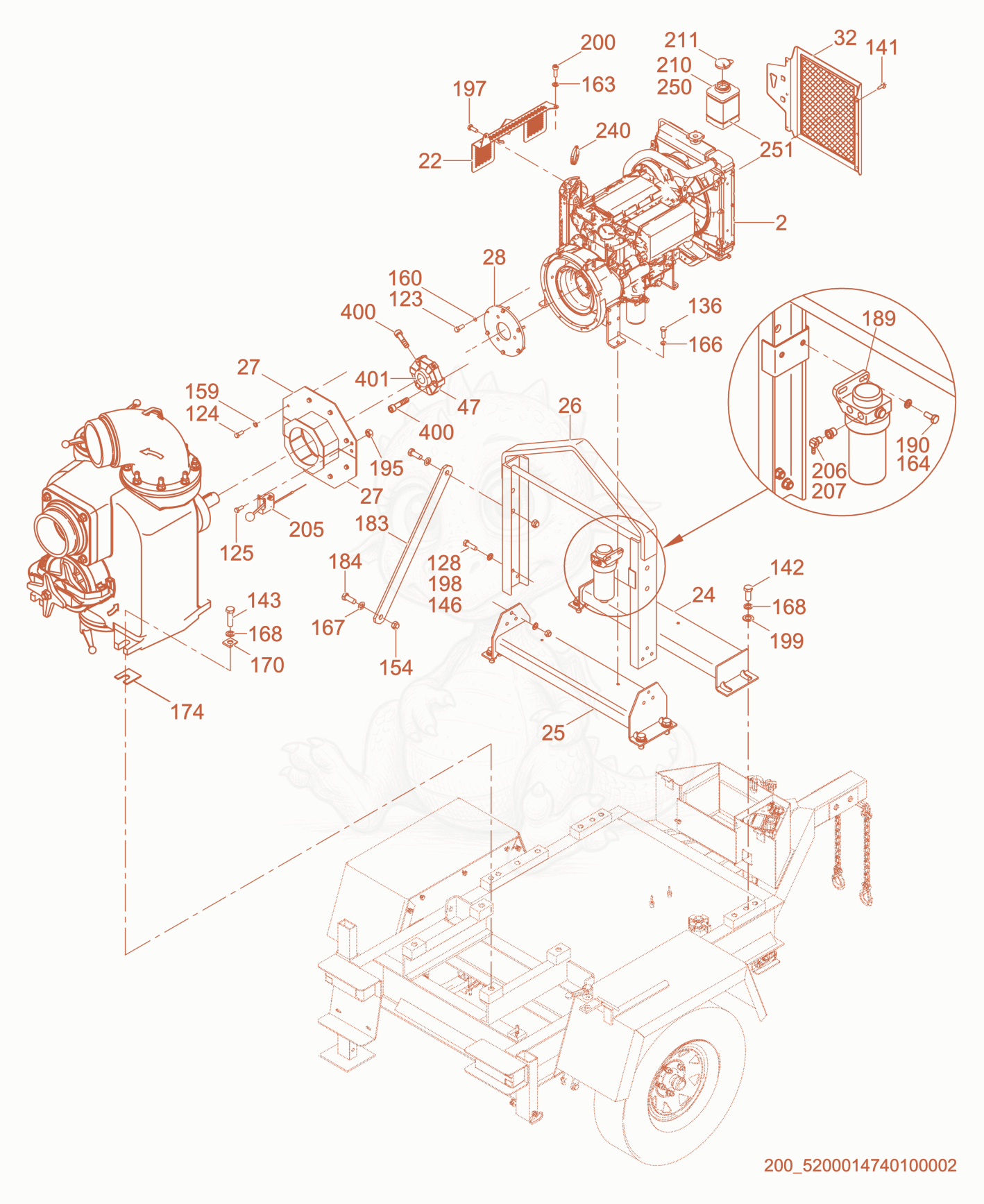 Exploded parts diagram of the Engine Mount of a Wacker Neuson PT6LT(I), with numbered balloons