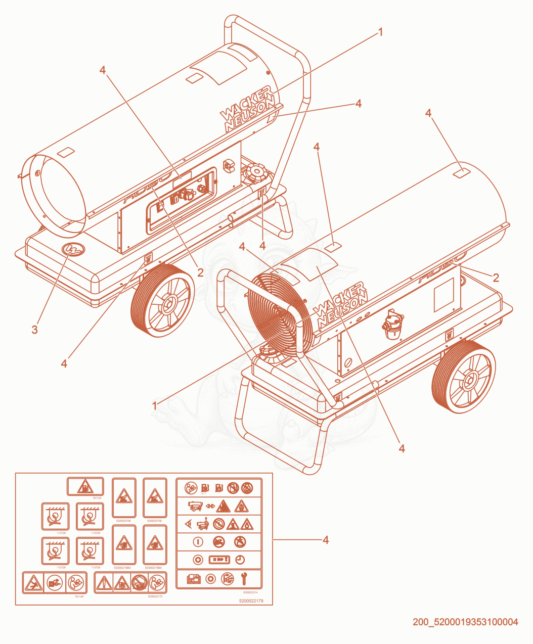 Exploded parts diagram of the Labels of a Wacker Neuson HD50, with numbered balloons