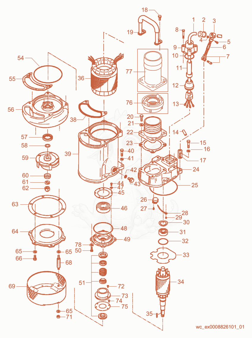 Despiece del Pump Components de una máquina Wacker Neuson PS23703, con globos numerados