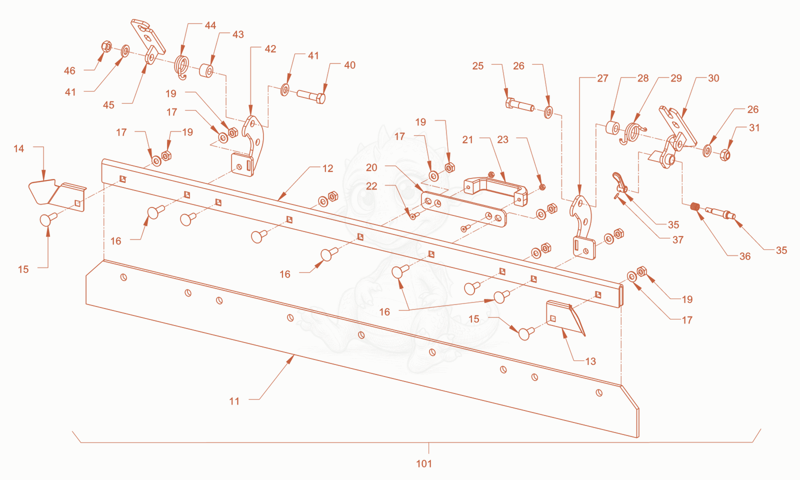 Exploded parts diagram of the scraper of a Wacker Neuson RD40-130OUS, with numbered balloons