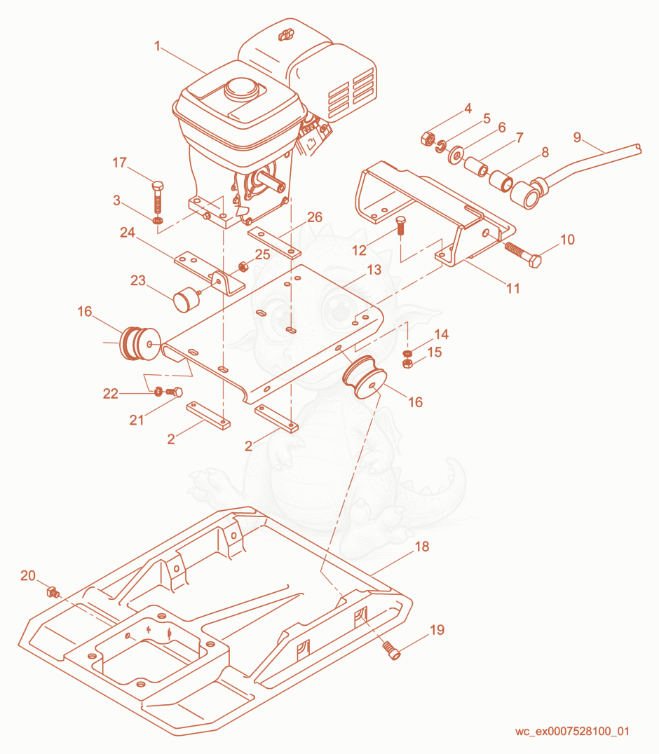 Exploded parts diagram of the Baseplate/Console cpl. of a Wacker Neuson BPS2550A, with numbered balloons
