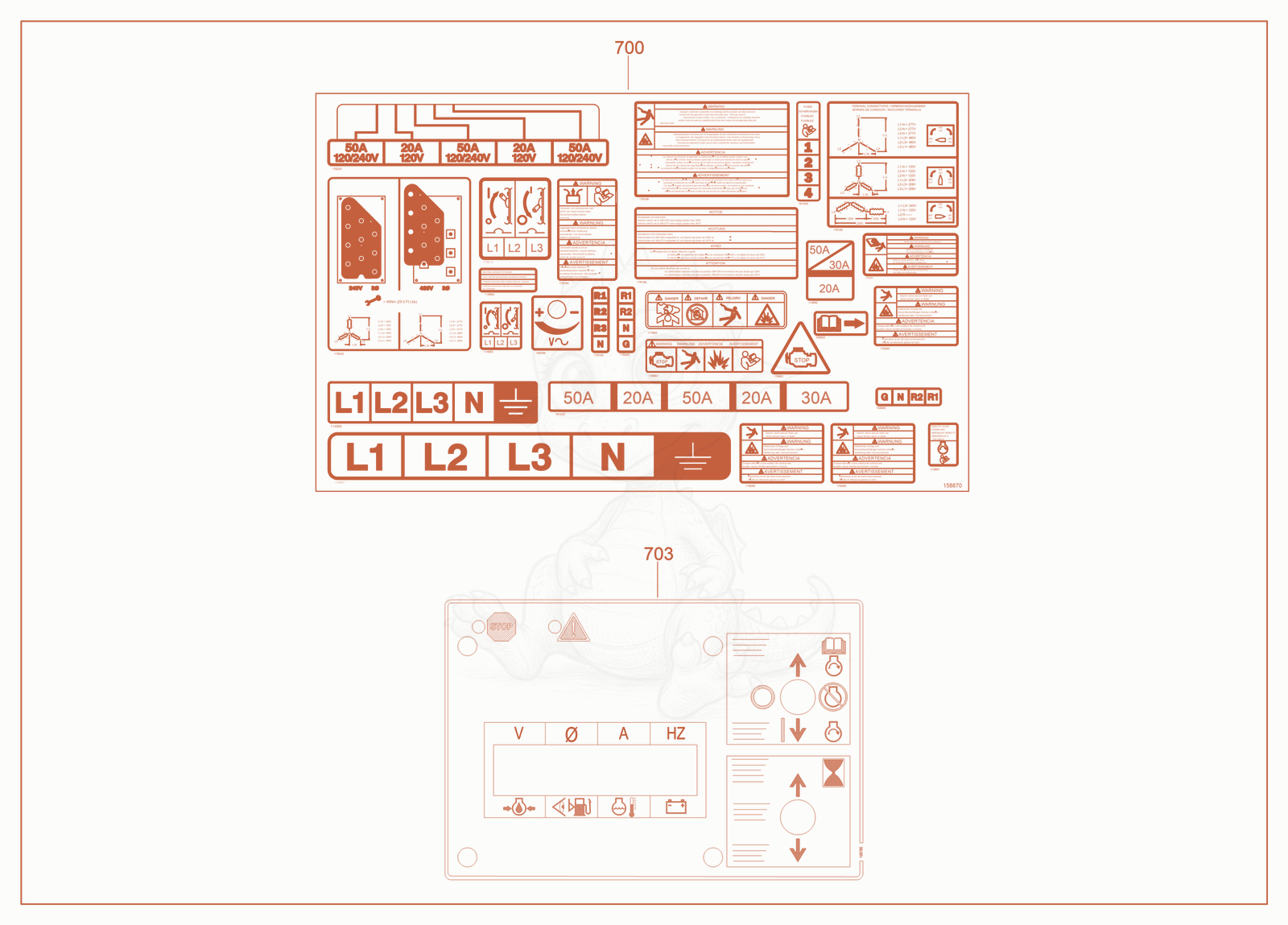 Exploded parts diagram of the Labels - Control Panel & Controller of a Wacker Neuson G150, with numbered balloons