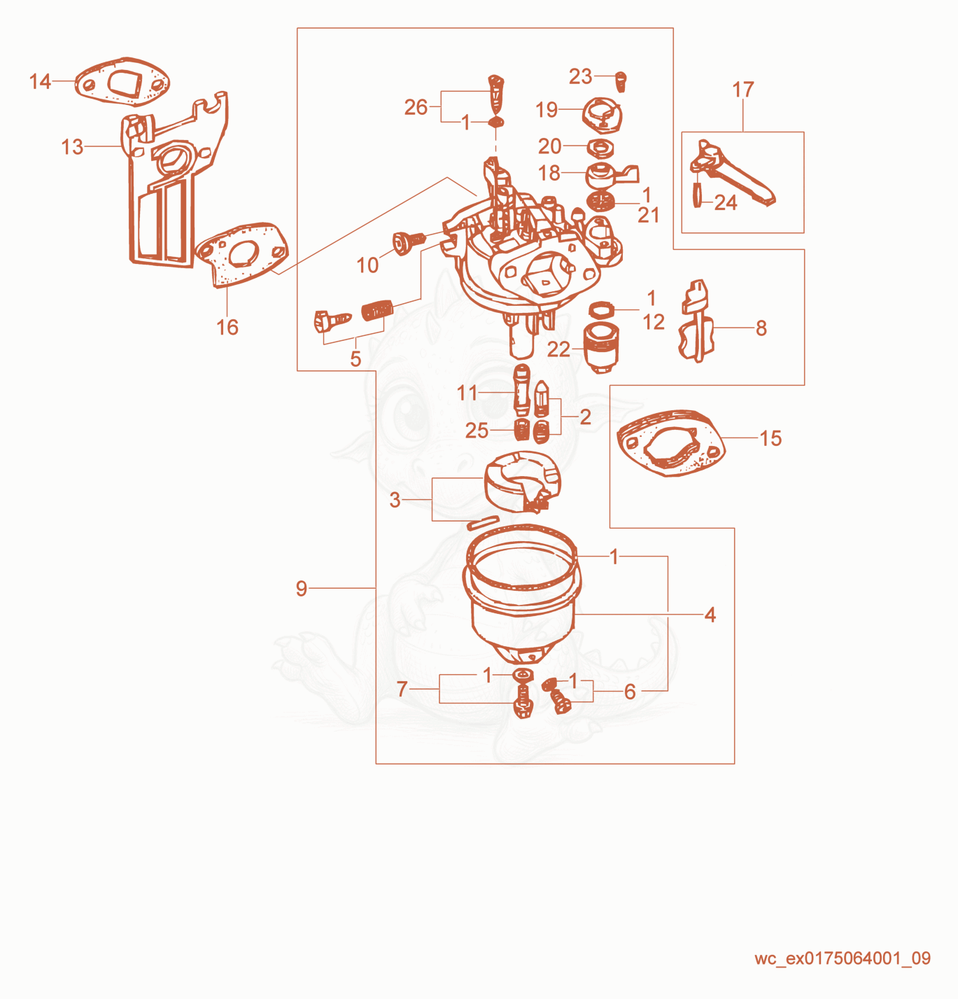 Despiece del Carburetor cpl. de una máquina Wacker Neuson CT24-4AEU, con globos numerados