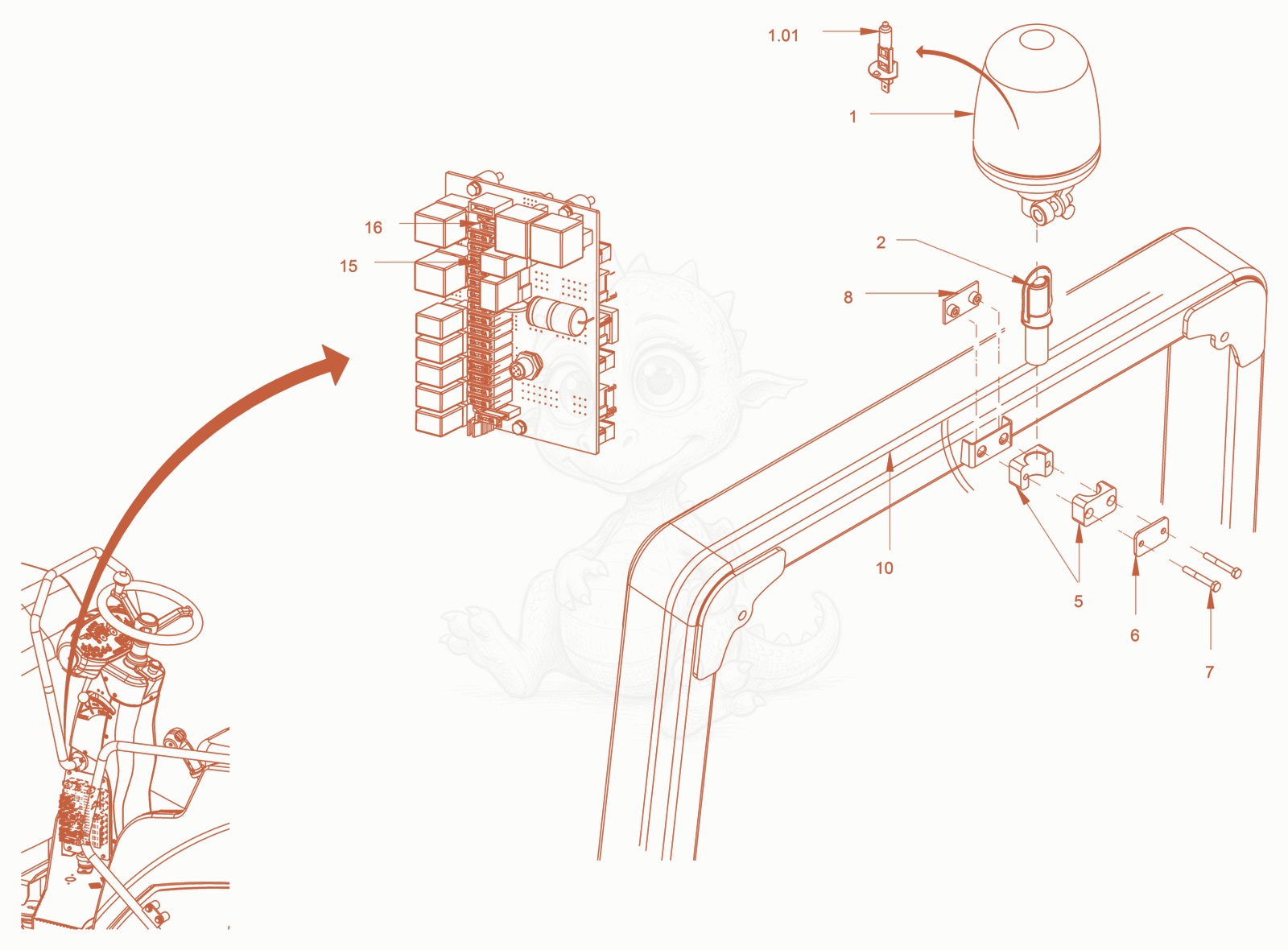 Exploded parts diagram of the rotary beacon (rops) of a Wacker Neuson RD18-100C, with numbered balloons