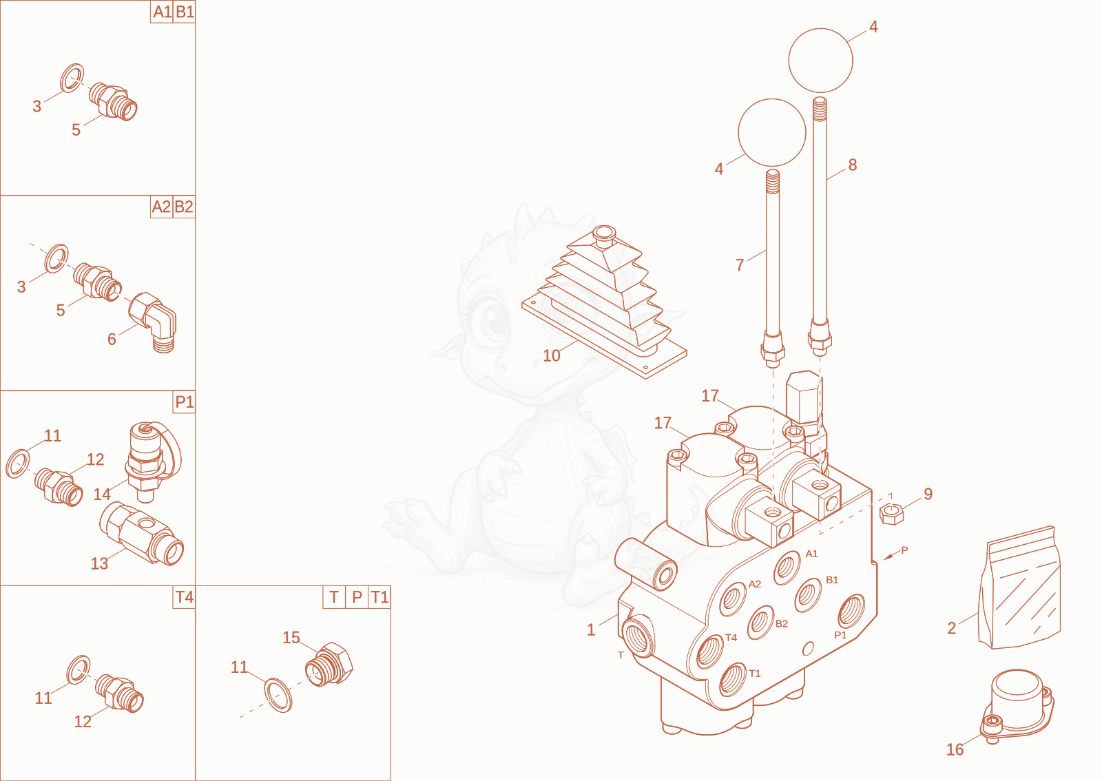 Despiece del control valve de una máquina Wacker Neuson DT12P, con globos numerados
