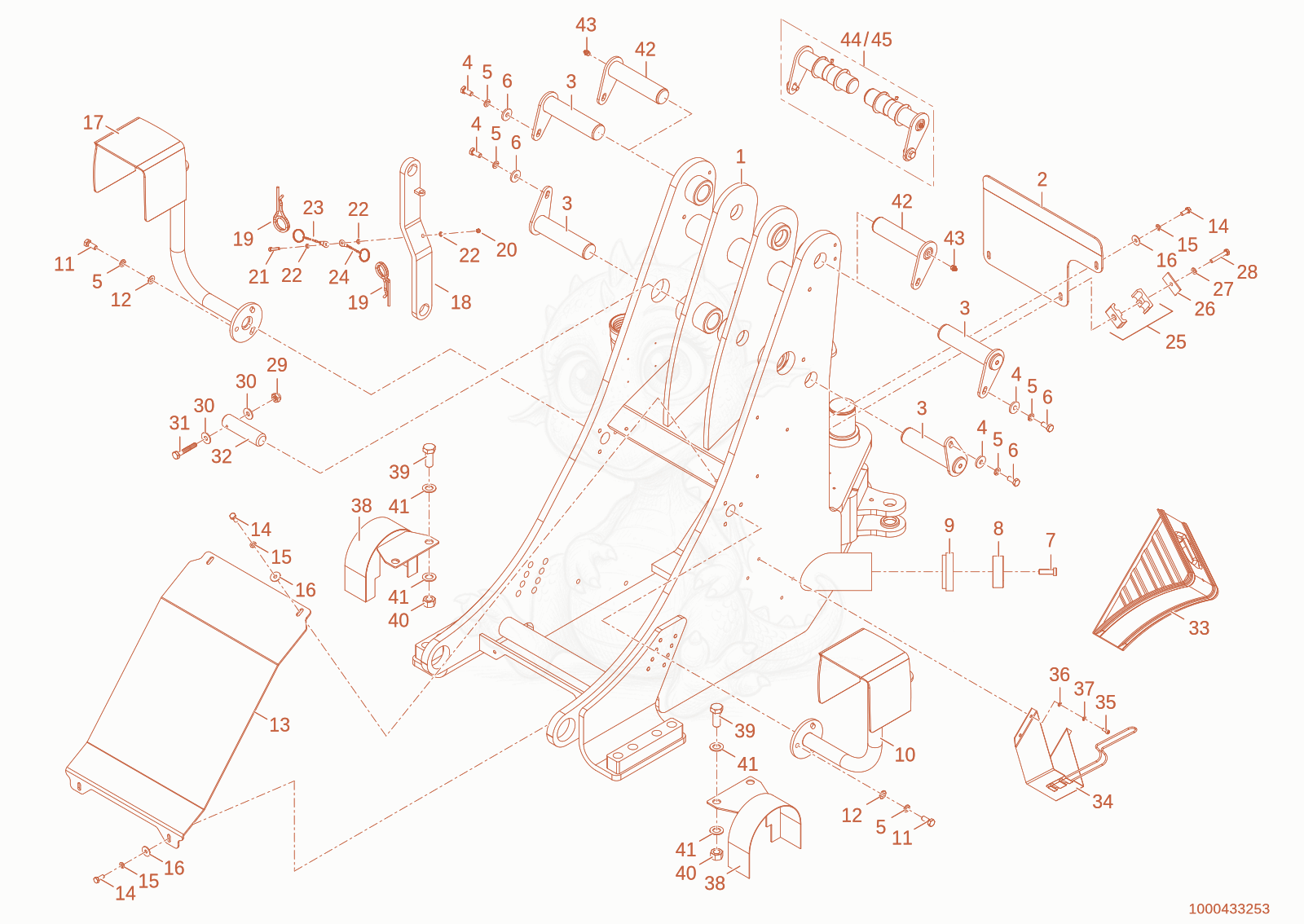 Exploded parts diagram of the front part frame of a Wacker Neuson WL34, with numbered balloons