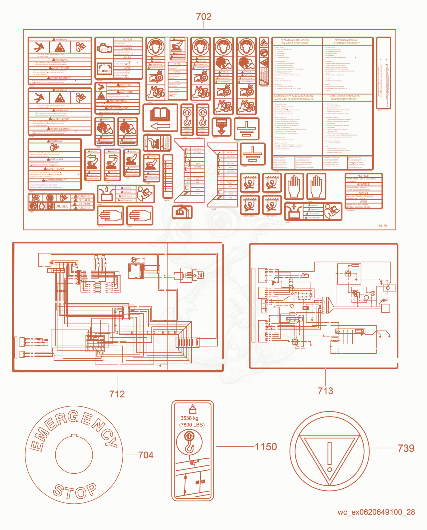 Exploded parts diagram of the Safety Labels of a Wacker Neuson G100, with numbered balloons