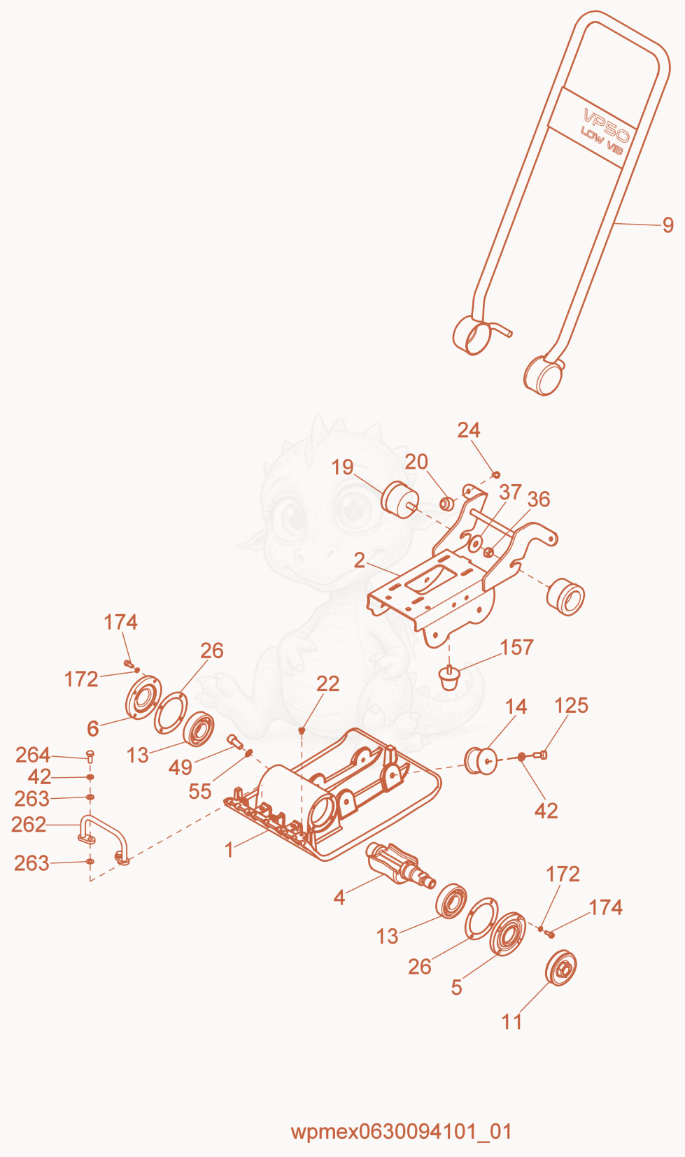 Exploded parts diagram of the Baseplate/Console cpl. of a Wacker Neuson VP50HW, with numbered balloons