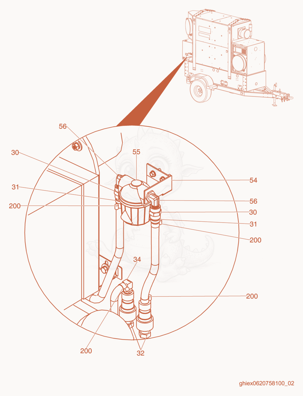 Despiece del Fuel System de una máquina Wacker Neuson CUB700M, con globos numerados