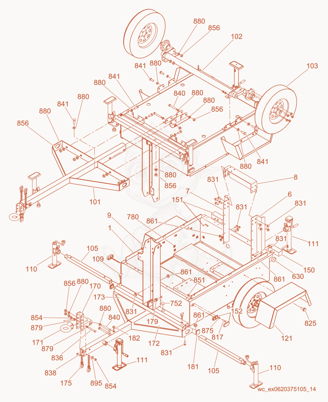 Exploded parts diagram of the Trailer cpl. of a Wacker Neuson LTW6K, with numbered balloons