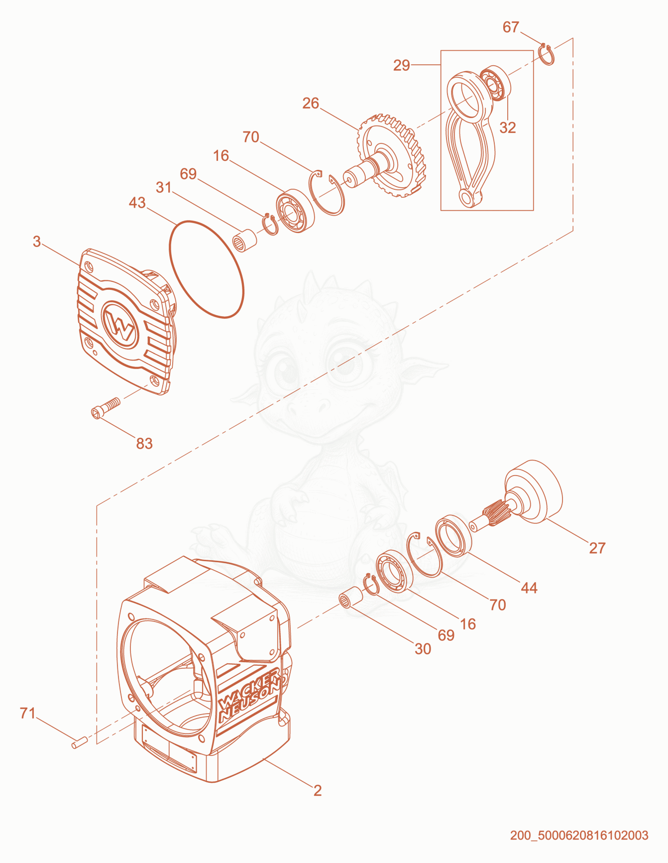 Despiece del Crankcase cpl. de una máquina Wacker Neuson BS60-4SEU, con globos numerados