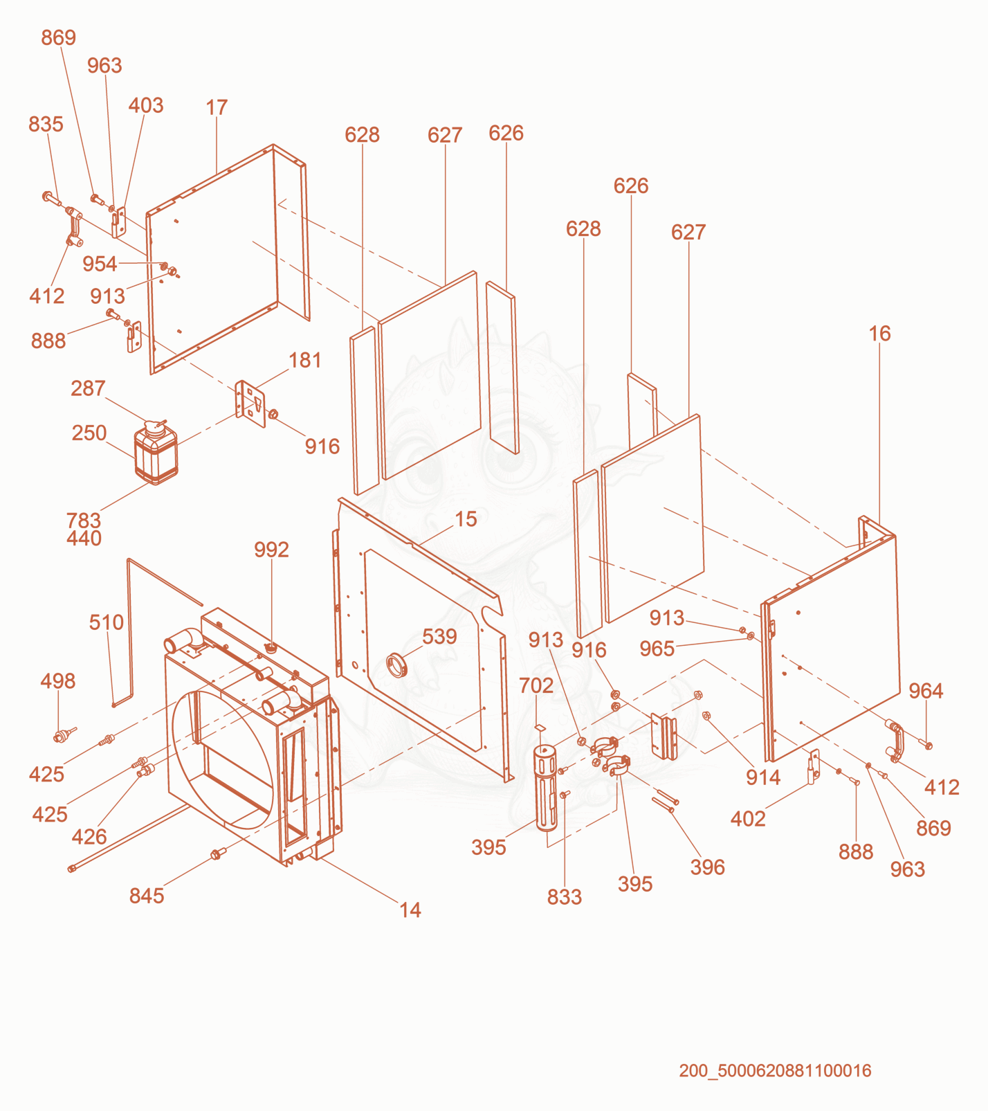 Exploded parts diagram of the Front Enclosure/Radiator of a Wacker Neuson G150, with numbered balloons