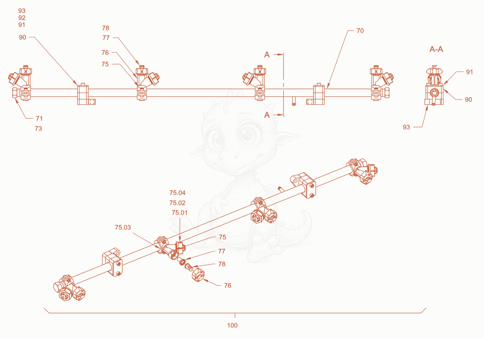 Exploded parts diagram of the sprinkling of a Wacker Neuson RD28-120CE, with numbered balloons
