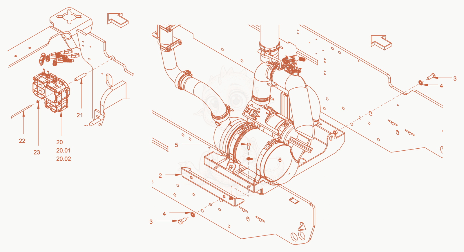 Exploded parts diagram of the exhaust aftertreatment of a Wacker Neuson RC110, with numbered balloons