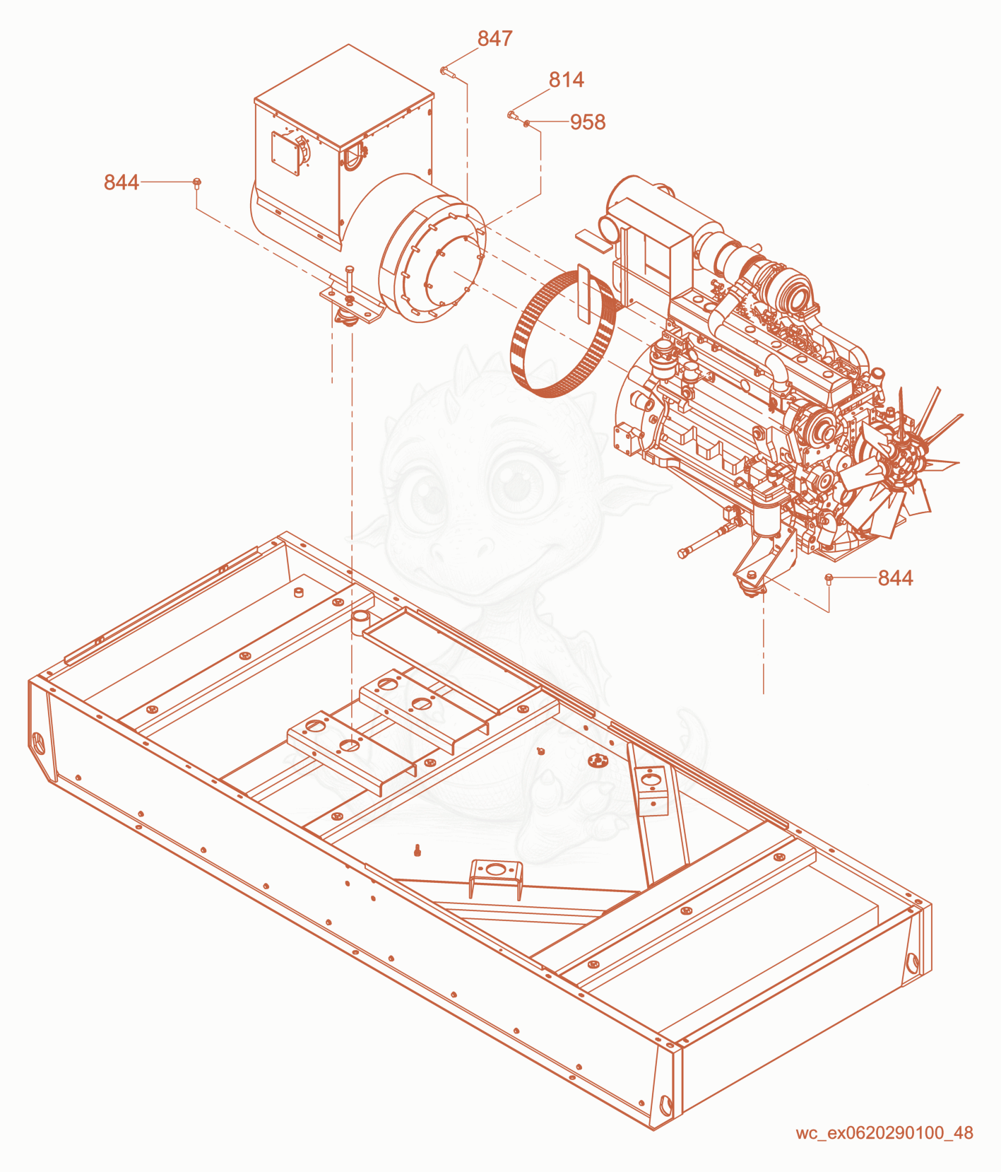 Exploded parts diagram of the Engine/Generator Mounting of a Wacker Neuson G120, with numbered balloons