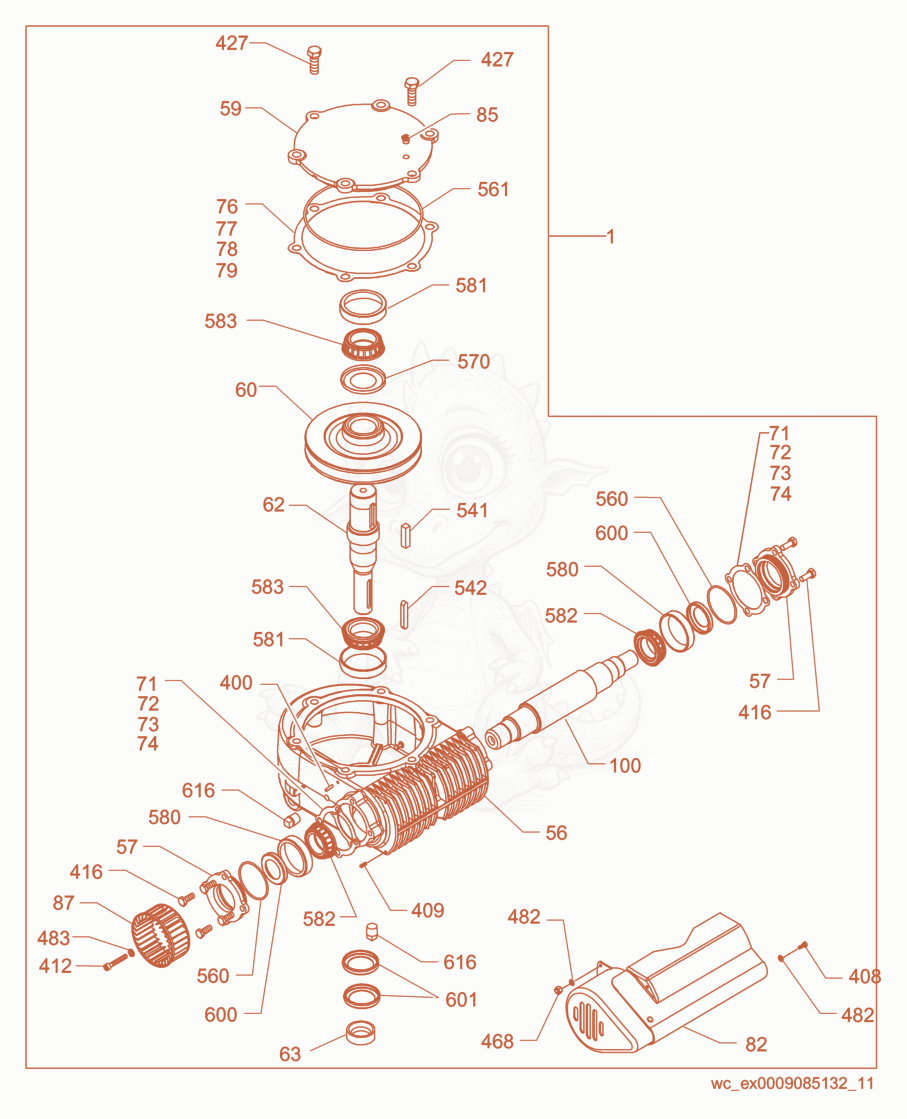 Exploded parts diagram of the Gearbox/Right Kit of a Wacker Neuson CRT48-25K-H, with numbered balloons