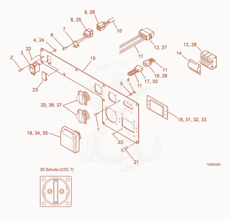 Exploded parts diagram of the Control Panel w/o Earth Leakage Circuit Breaker of a Wacker Neuson GS5.7A, with numbered balloons