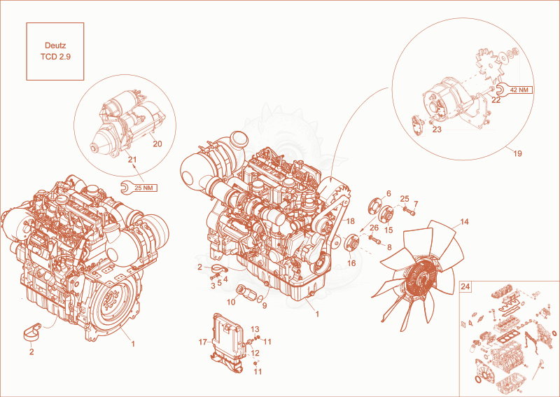 Exploded parts diagram of the diesel engine of a Wacker Neuson ET90, with numbered balloons