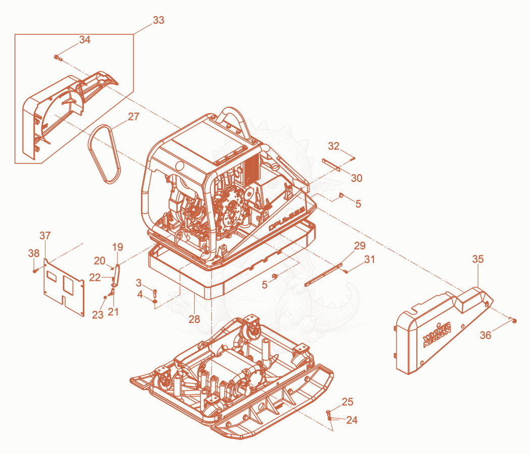 Exploded parts diagram of the Vibratory Plate cpl. of a Wacker Neuson DPU6555HECUS, with numbered balloons