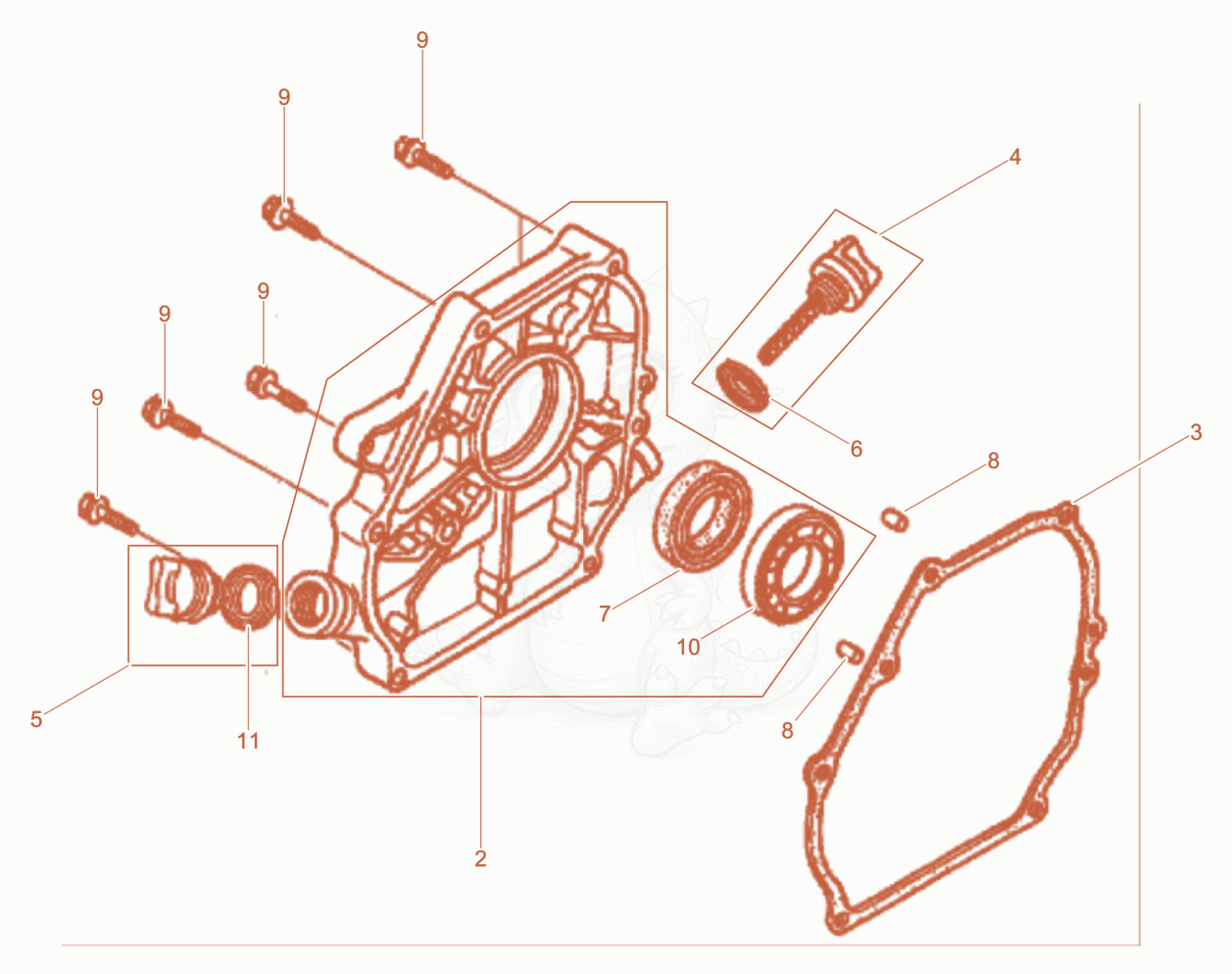 Despiece del Crankcase cover de una máquina Wacker Neuson WPKMAT, con globos numerados