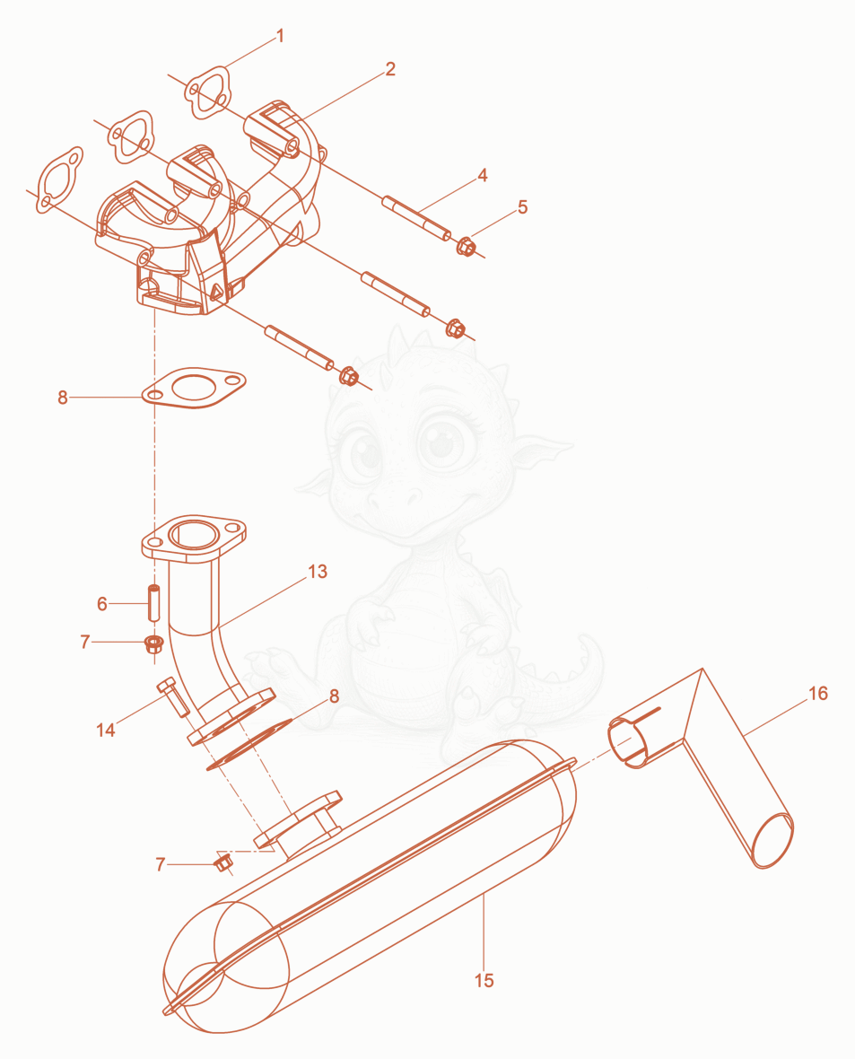 Exploded parts diagram of the Exhaust manifold of a Wacker Neuson DPU110LEM970US, with numbered balloons