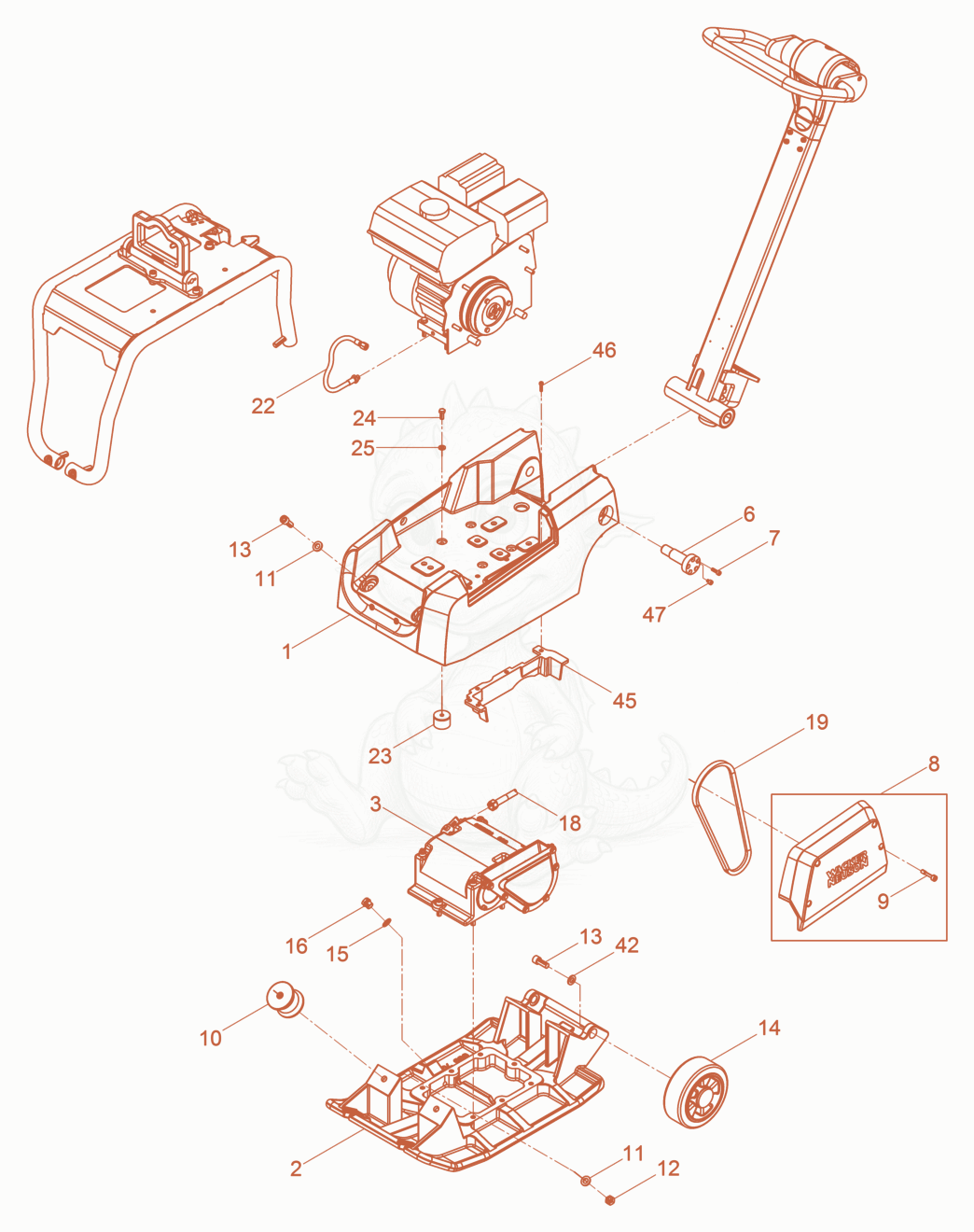 Exploded parts diagram of the Vibratory Plate cpl. of a Wacker Neuson BPU2540ACN, with numbered balloons