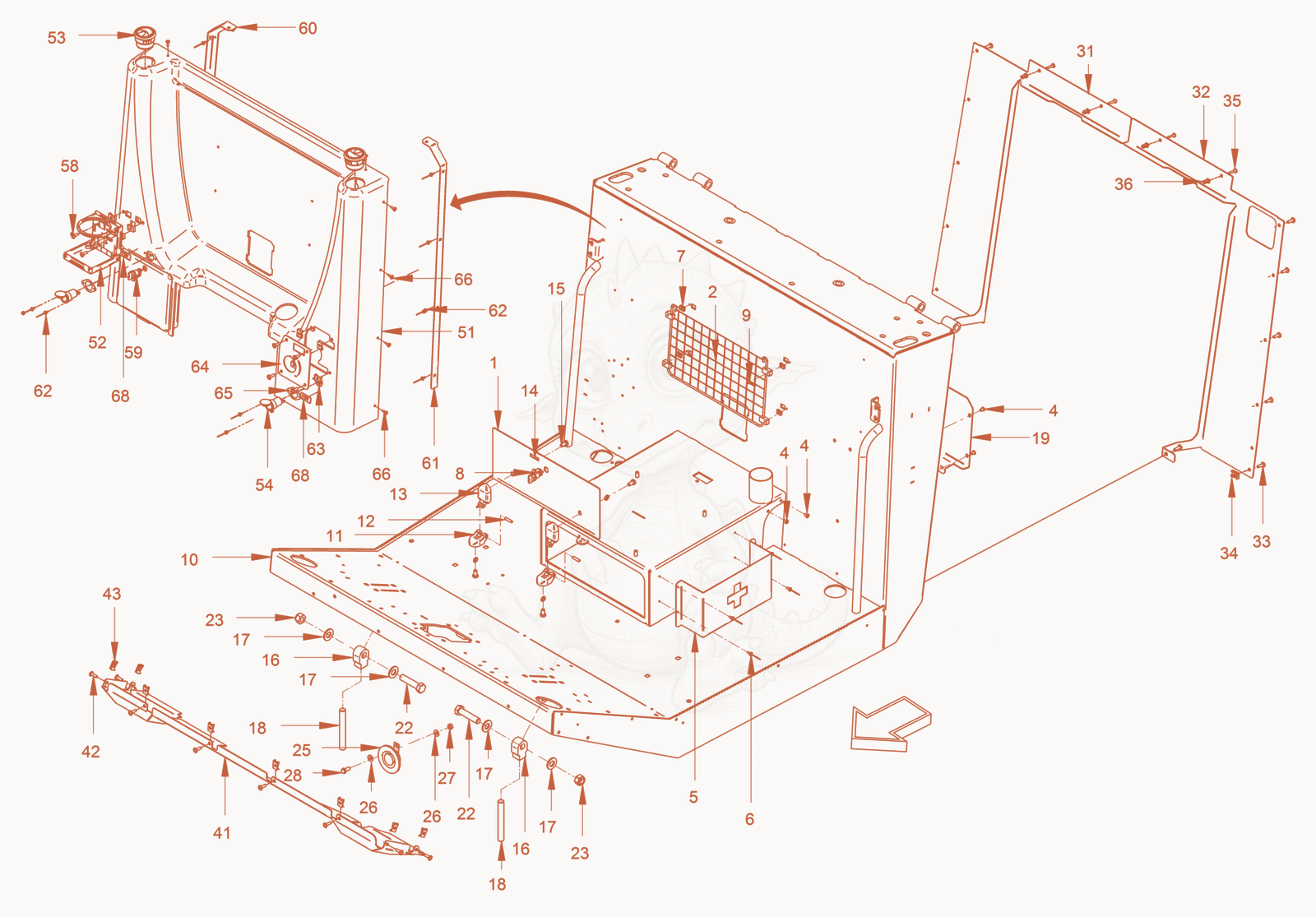 Exploded parts diagram of the driver's cabin of a Wacker Neuson RC70VOUS, with numbered balloons