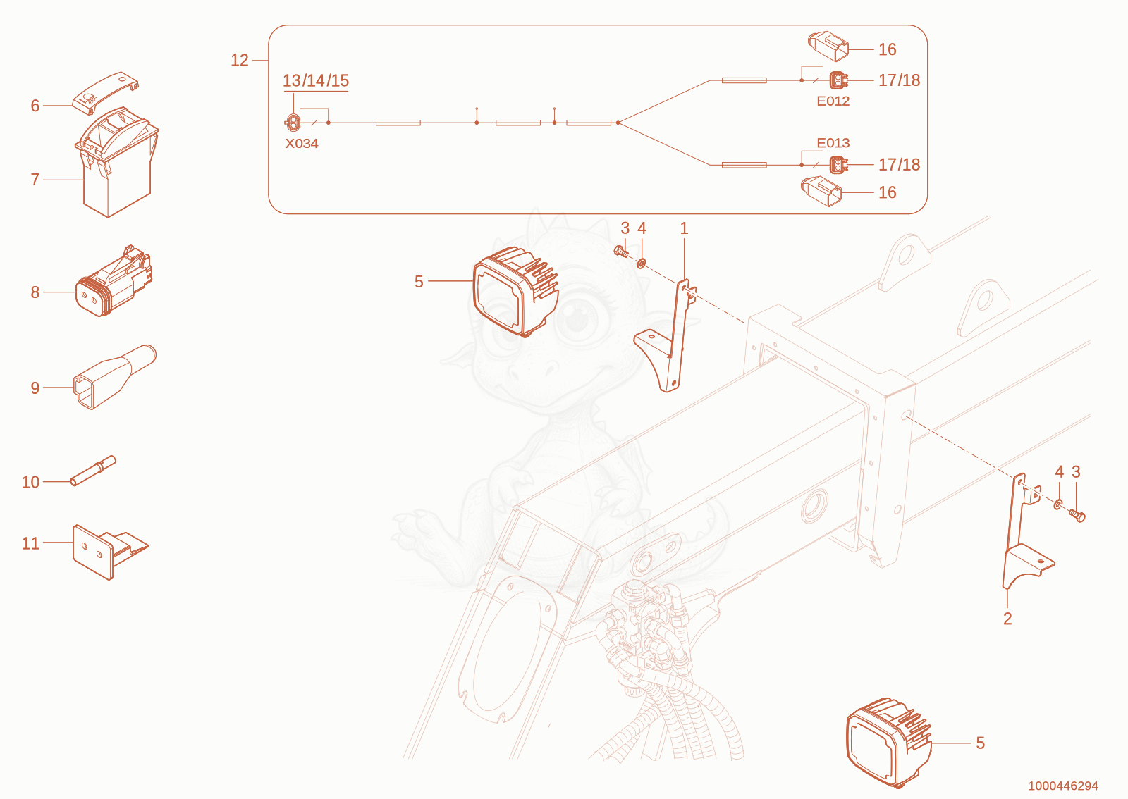 Exploded parts diagram of the Lighting lift arm of a Wacker Neuson TH755(416-34), with numbered balloons