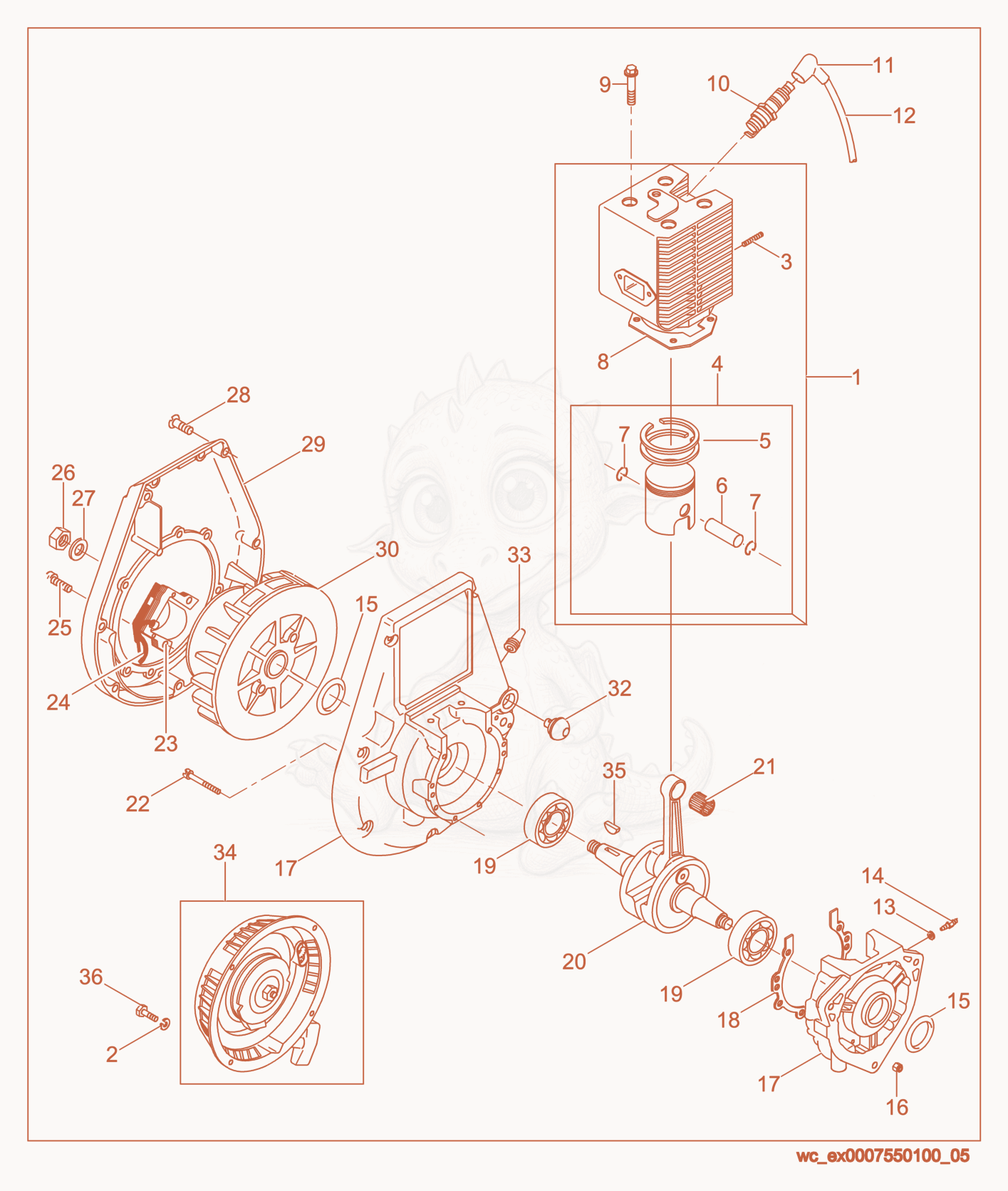 Exploded parts diagram of the Engine-WM 80 of a Wacker Neuson BS500, with numbered balloons