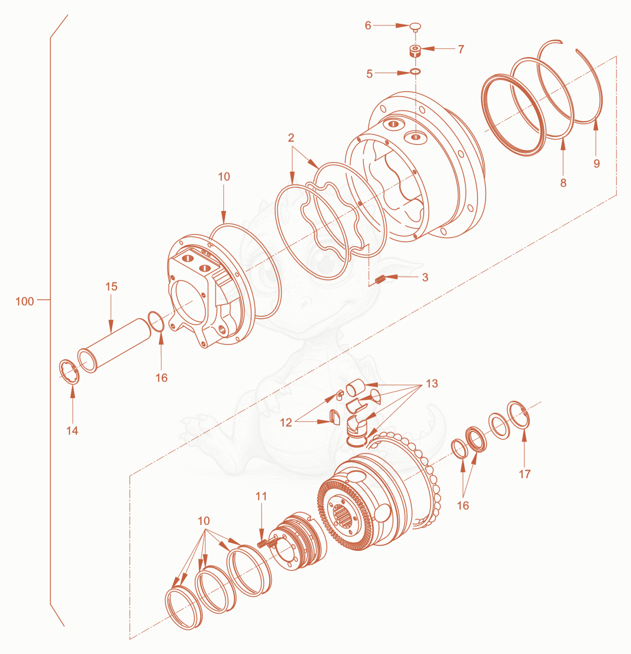 Exploded parts diagram of the gear hub motor of a Wacker Neuson RD45-140US, with numbered balloons