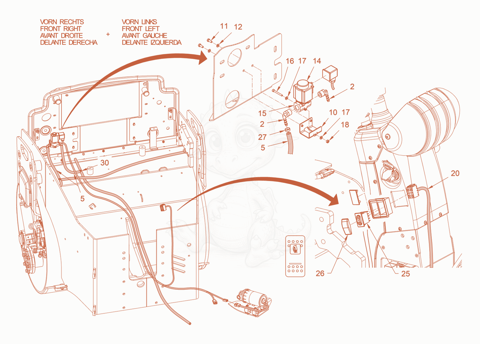 Exploded parts diagram of the sprinkling of a Wacker Neuson RD40-130C.3, with numbered balloons