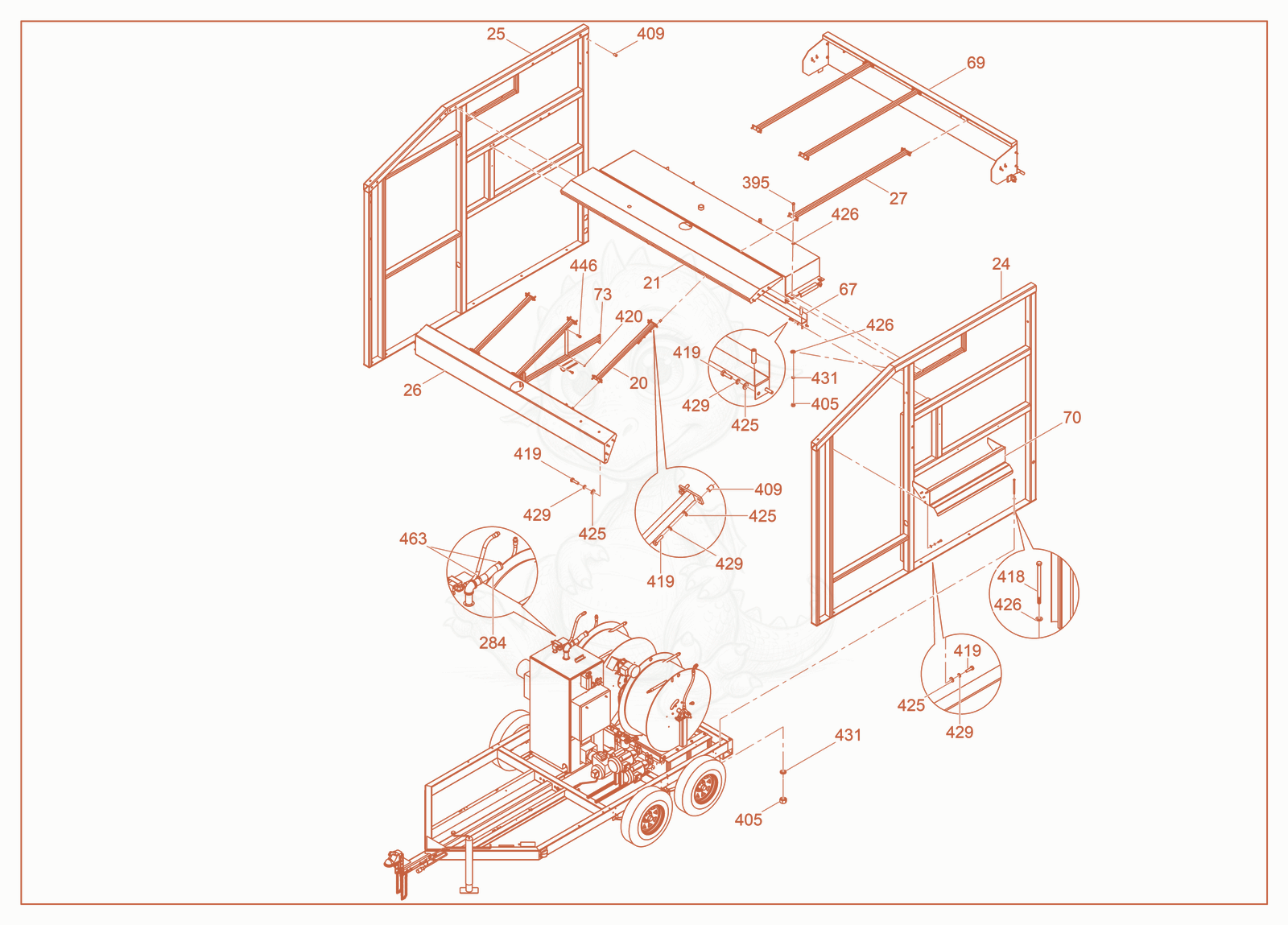 Exploded parts diagram of the Frame Enclosure cpl. of a Wacker Neuson E3000, with numbered balloons