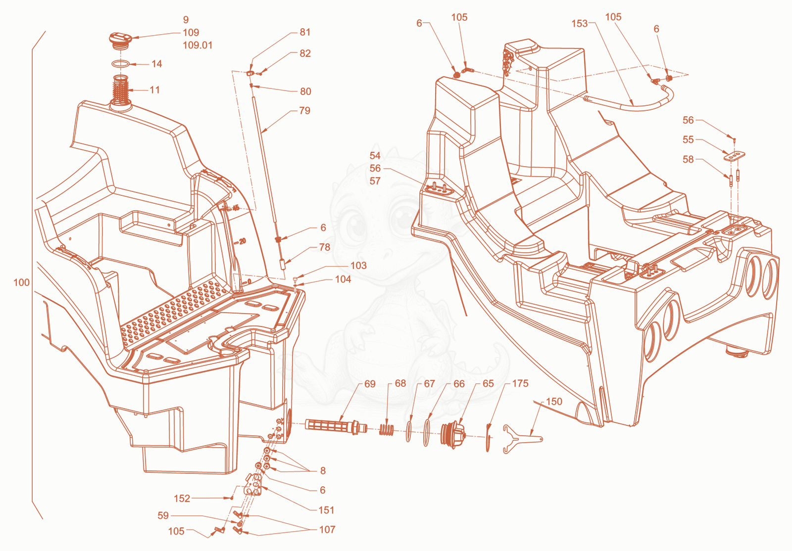 Exploded parts diagram of the sprinkling of a Wacker Neuson RD40-130CDPF, with numbered balloons