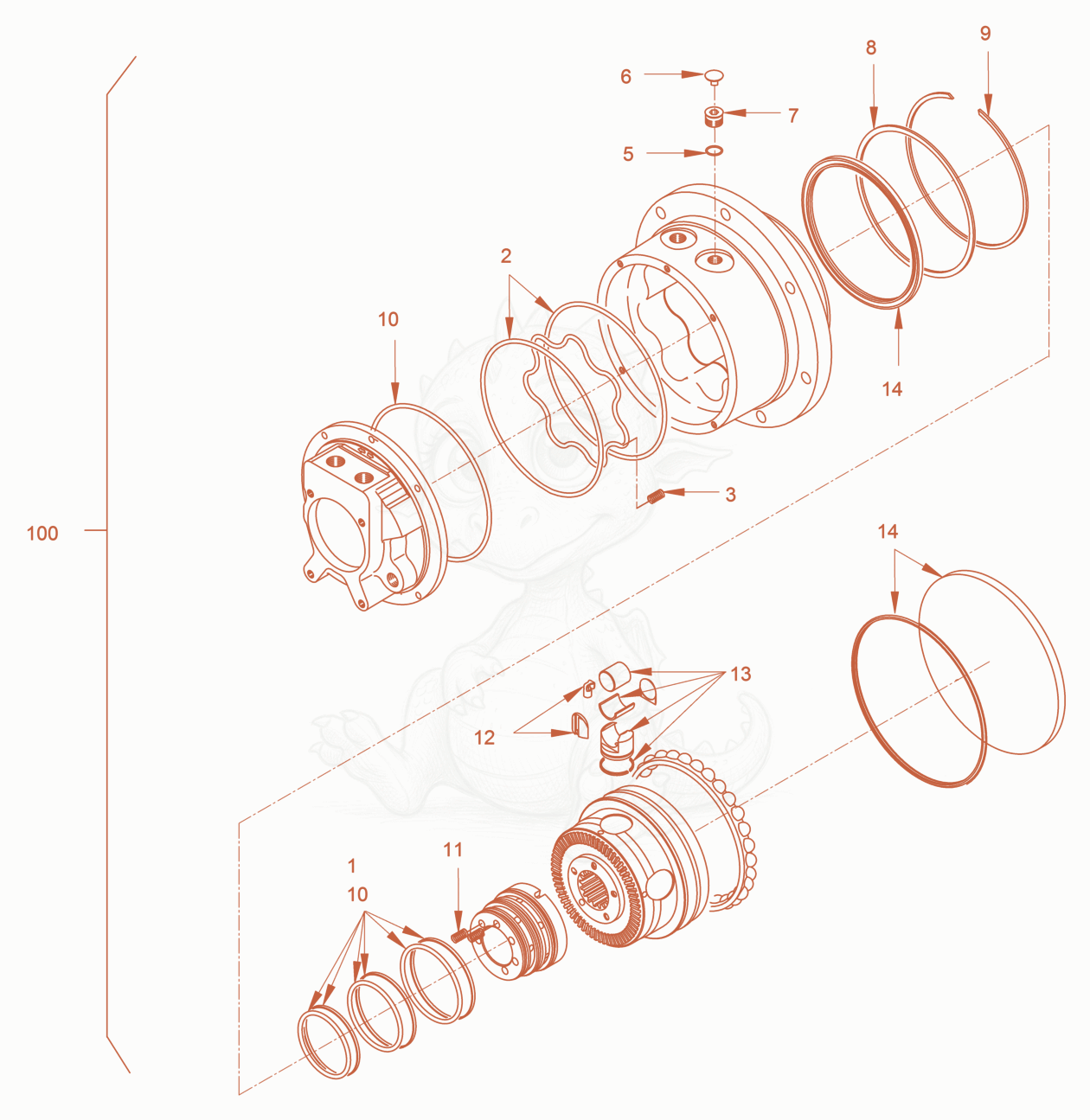 Exploded parts diagram of the gear hub motor of a Wacker Neuson RD24-100C, with numbered balloons