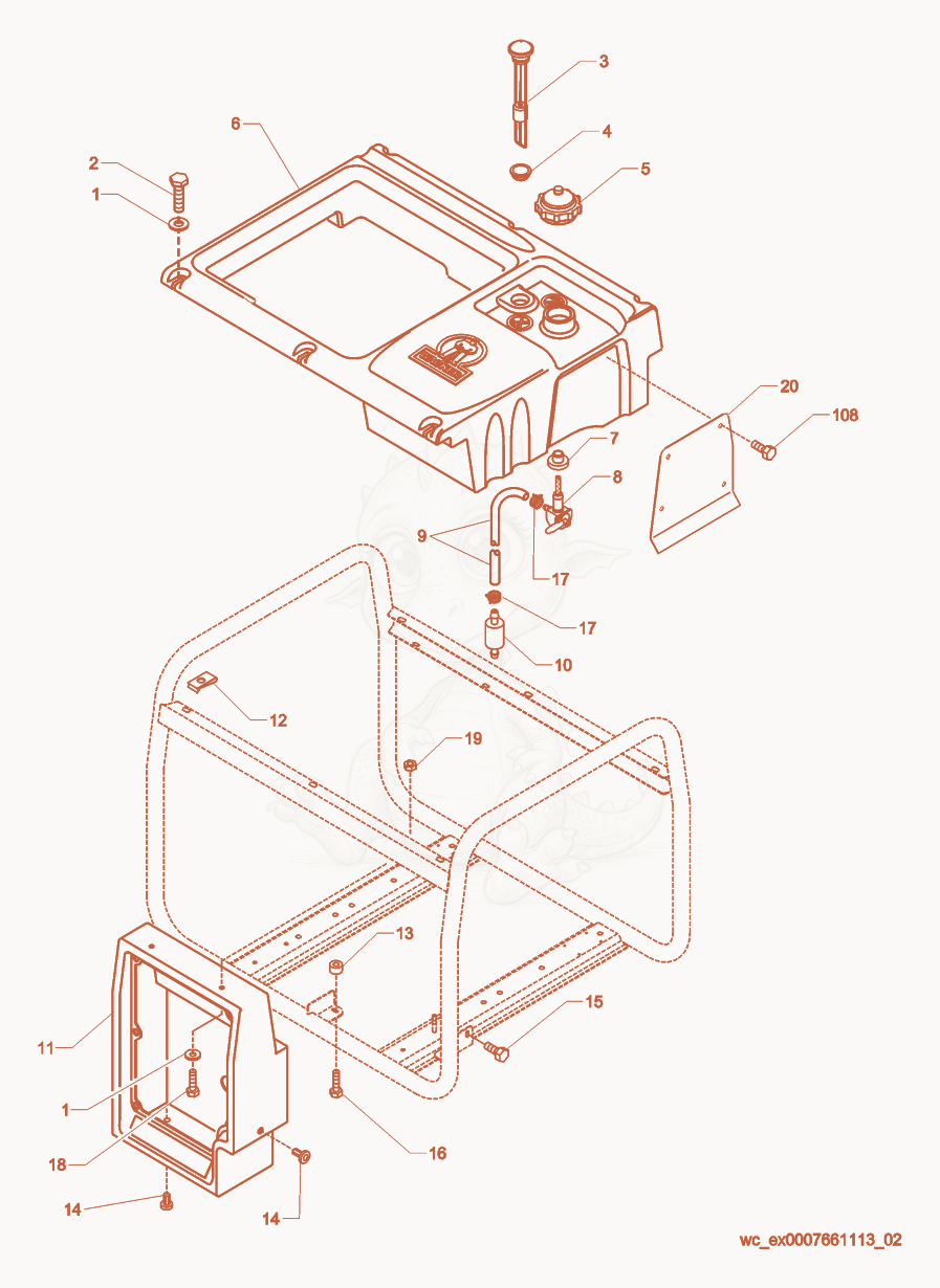 Exploded parts diagram of the Fuel Tank/Control Box of a Wacker Neuson GS9.7V, with numbered balloons