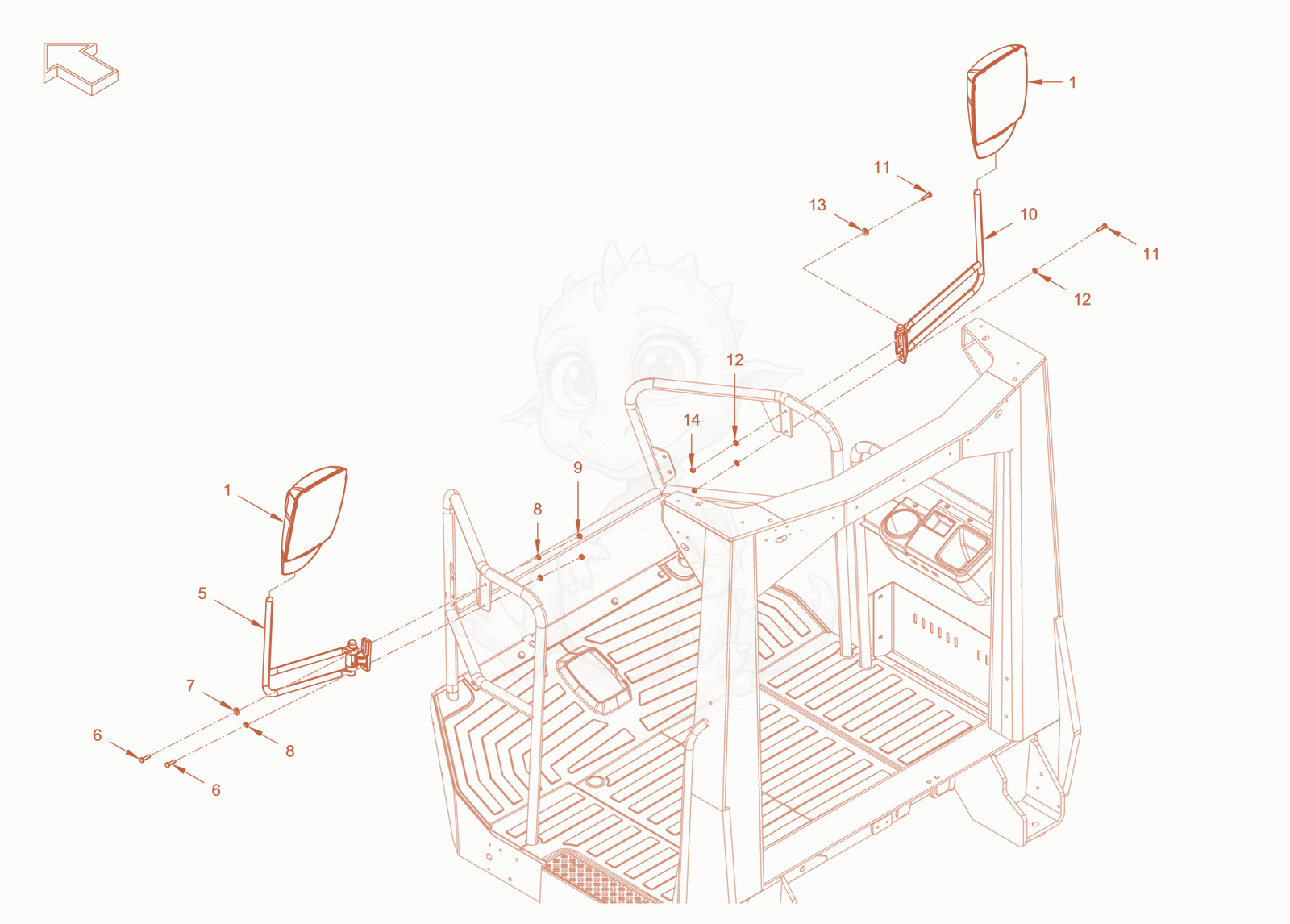 Exploded parts diagram of the additional mirror of a Wacker Neuson RC110CAB, with numbered balloons