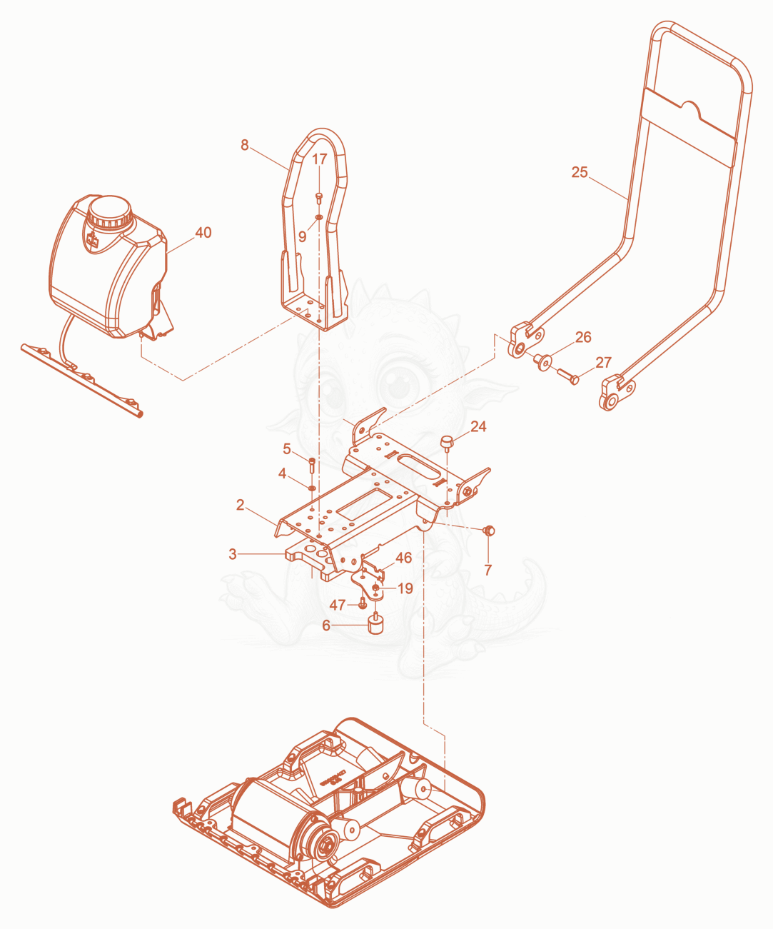 Exploded parts diagram of the Vibration Plate of a Wacker Neuson VP2050AWUS, with numbered balloons
