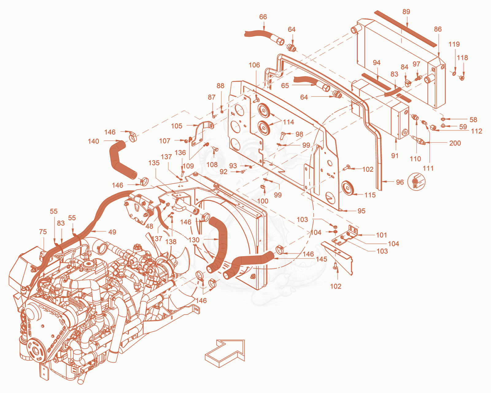 Exploded parts diagram of the cooling of a Wacker Neuson RD18-100C3, with numbered balloons