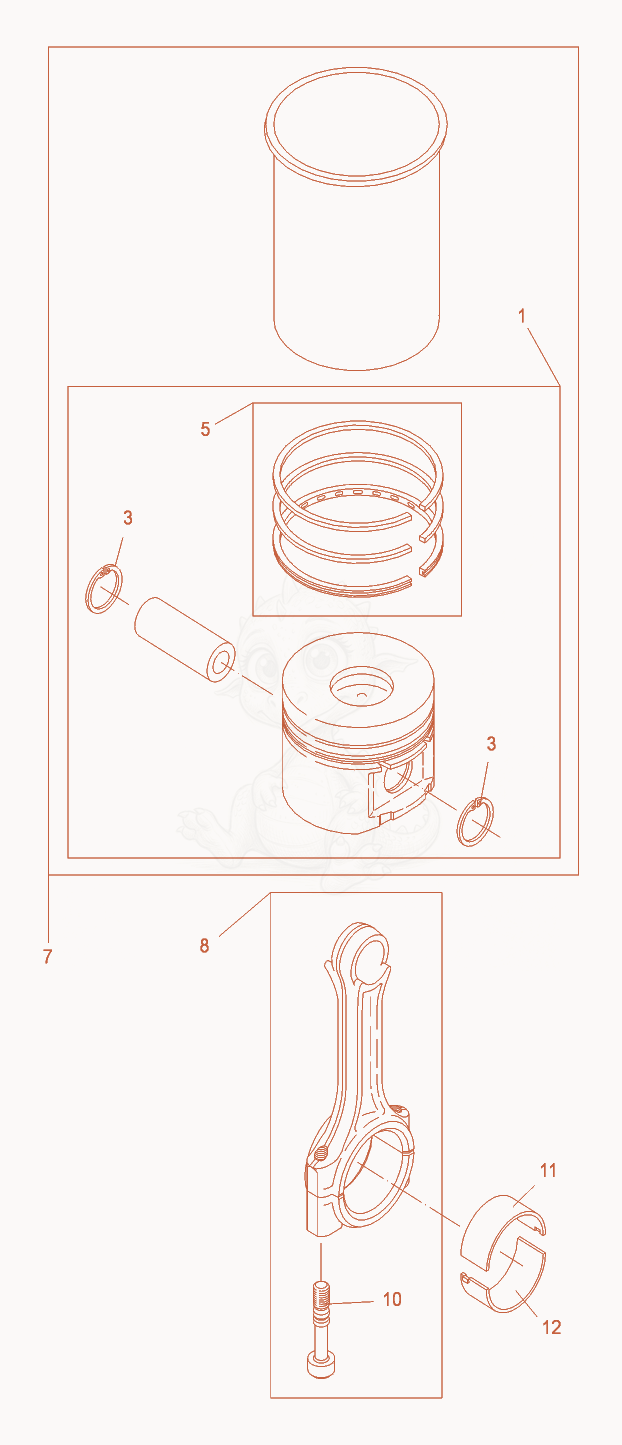 Exploded parts diagram of the Piston-Connecting Rod-Cylinder of a Wacker Neuson DPU3070H, with numbered balloons