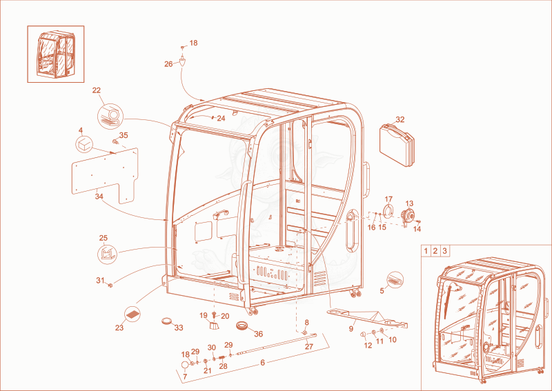 Exploded parts diagram of the CABIN FRAME 1 of a Wacker Neuson EW100, with numbered balloons