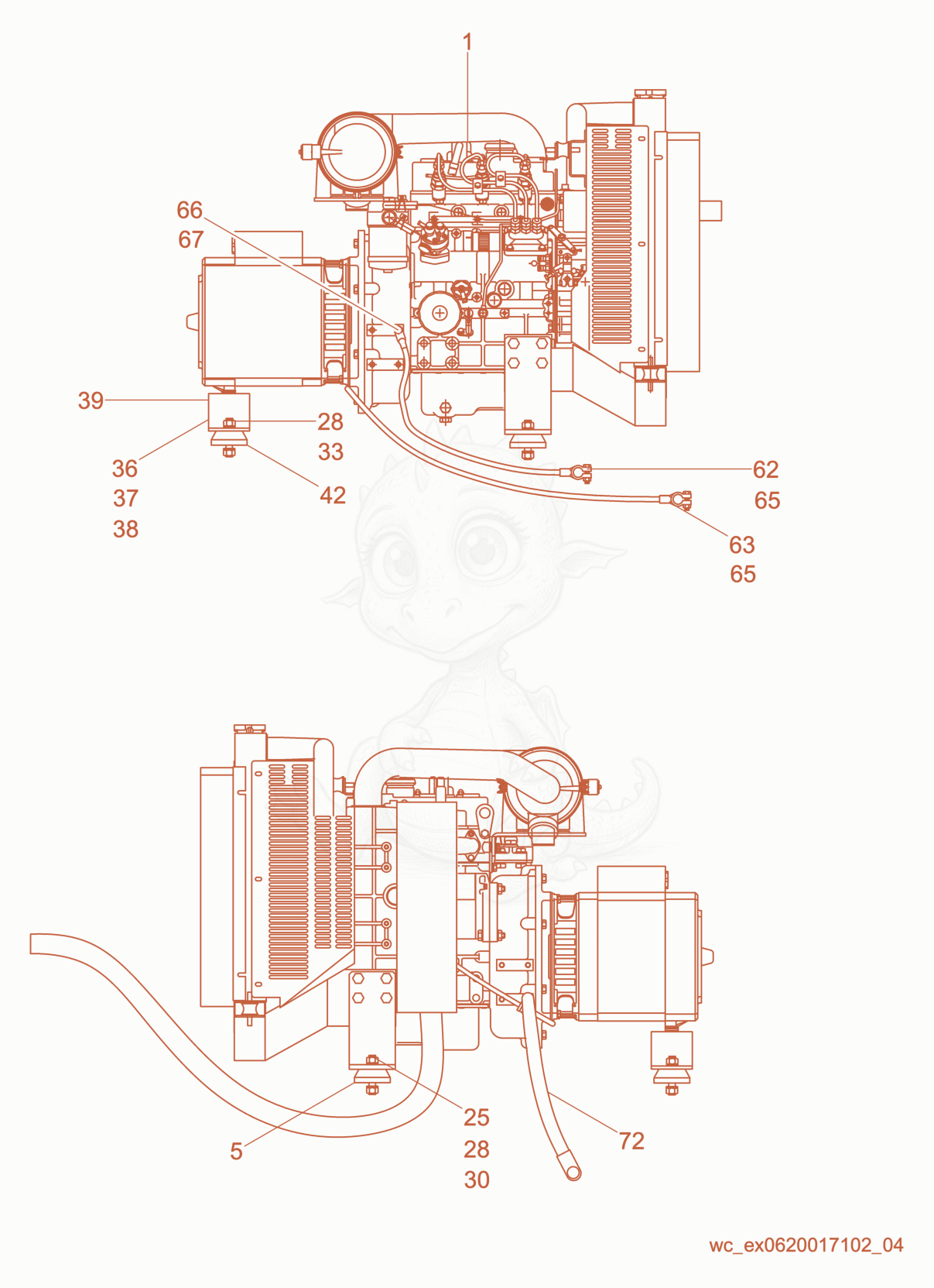 Exploded parts diagram of the Generator/Engine Support/Exhaust Pipe of a Wacker Neuson LTC4C, with numbered balloons