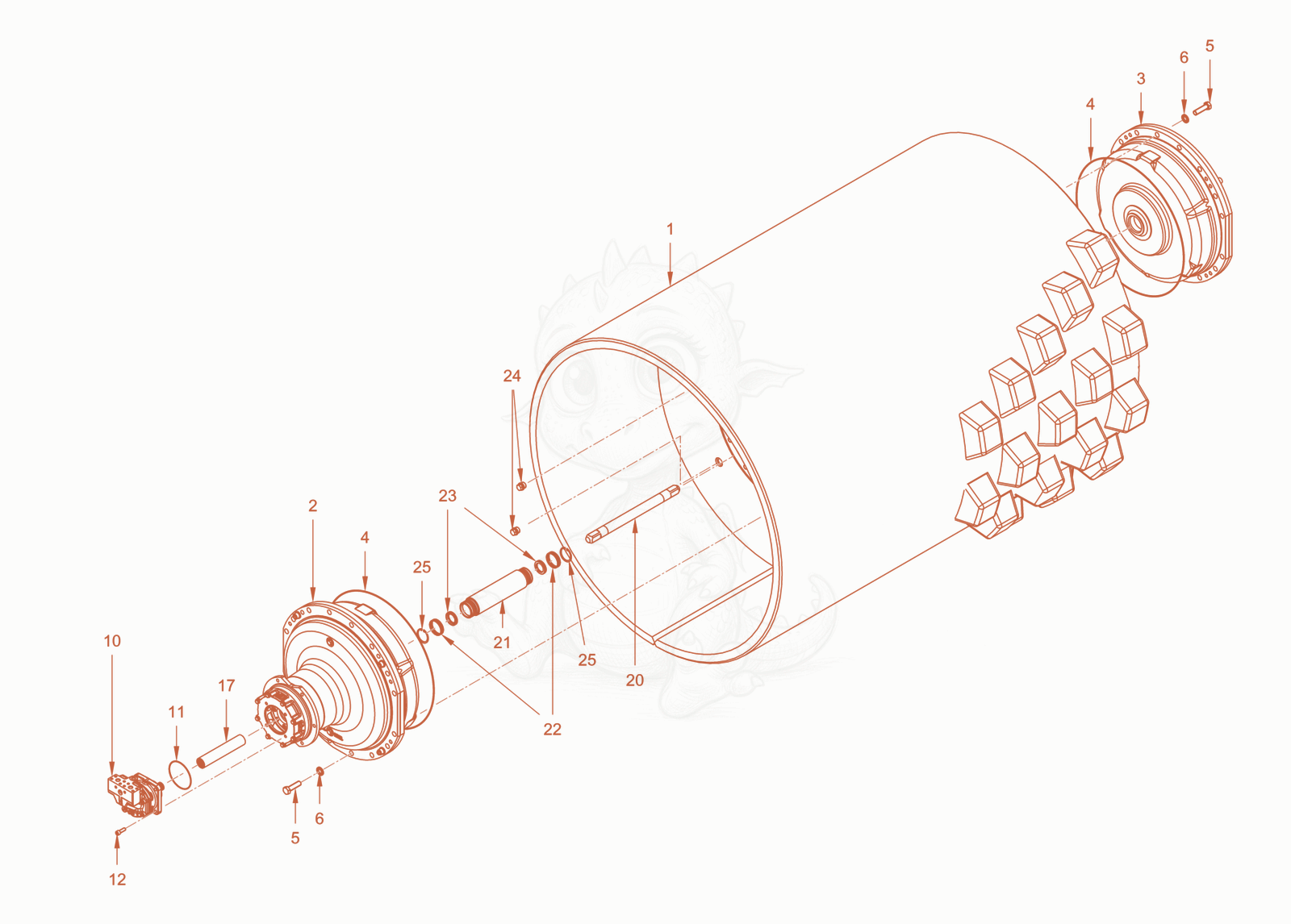 Exploded parts diagram of the roller drum of a Wacker Neuson RC110CAB, with numbered balloons