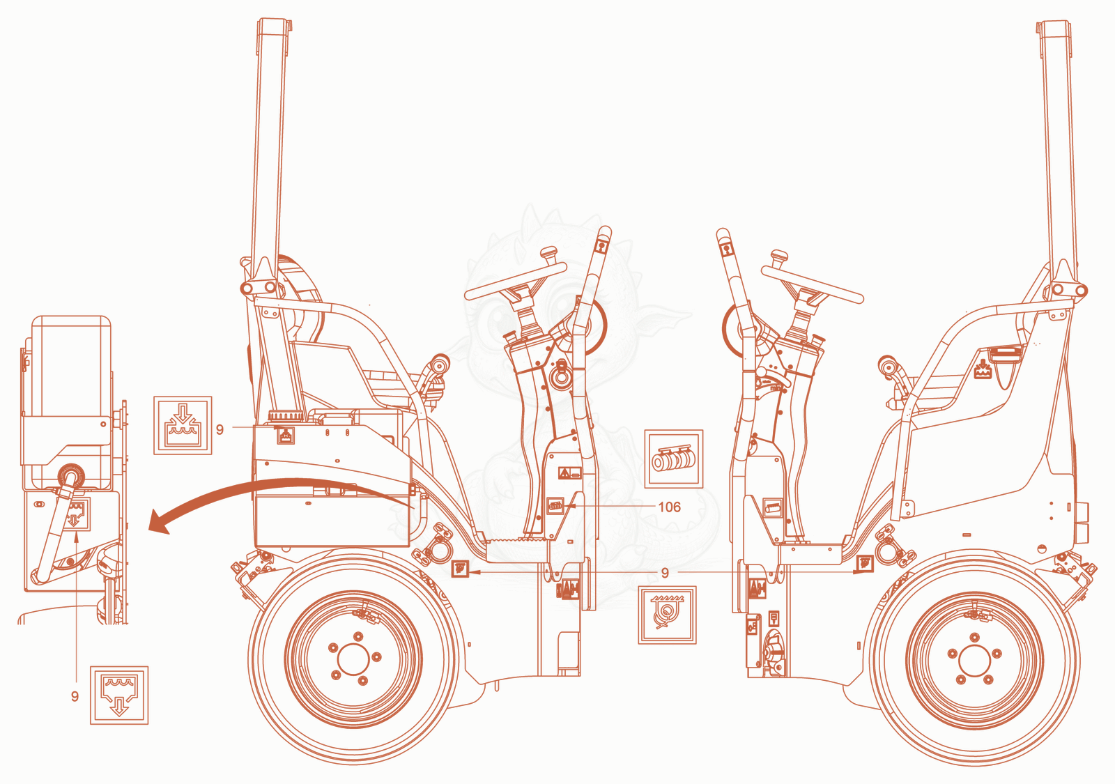 Exploded parts diagram of the sticker arrangement of a Wacker Neuson RD18-100C, with numbered balloons