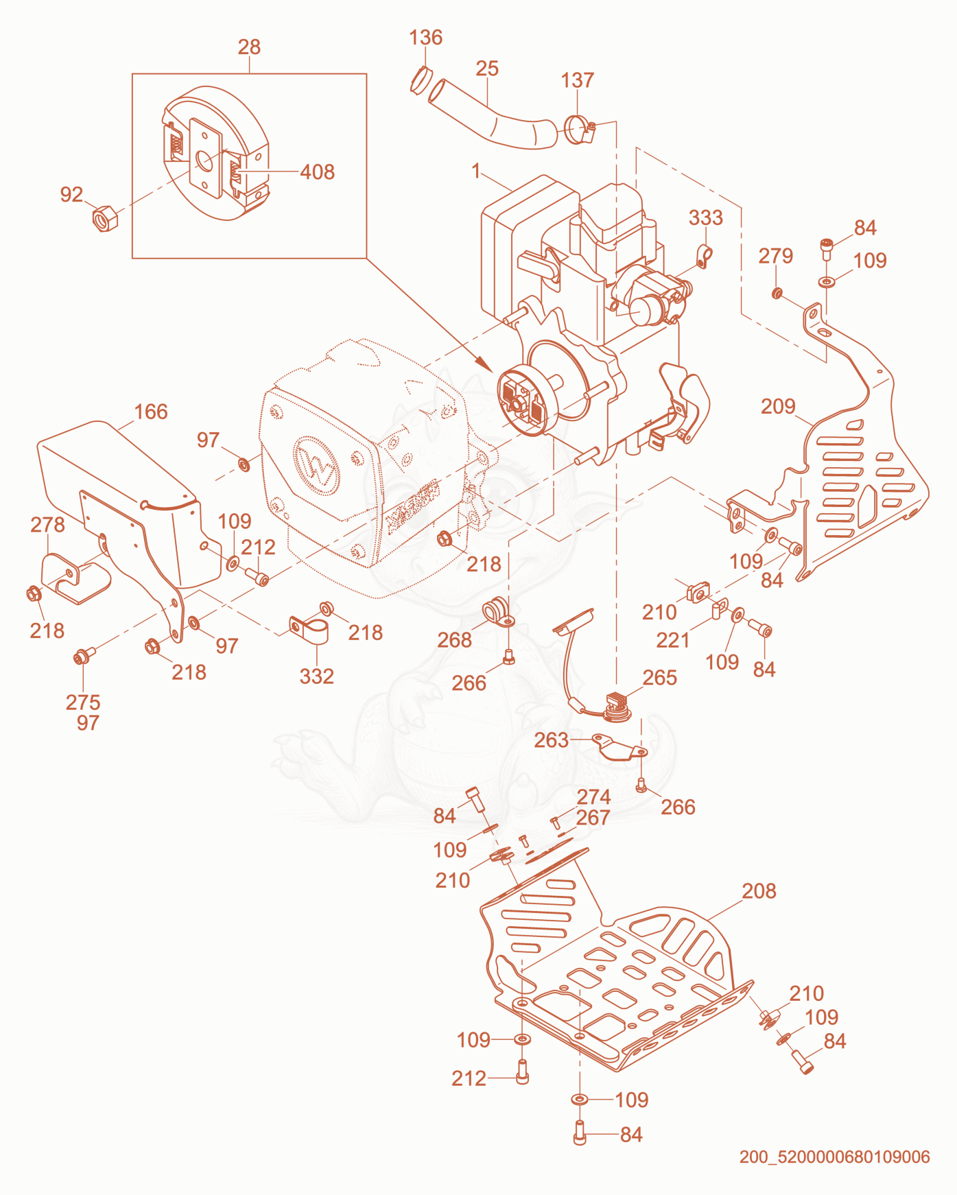 Exploded parts diagram of the Engine Guarding of a Wacker Neuson BS50-4S, with numbered balloons