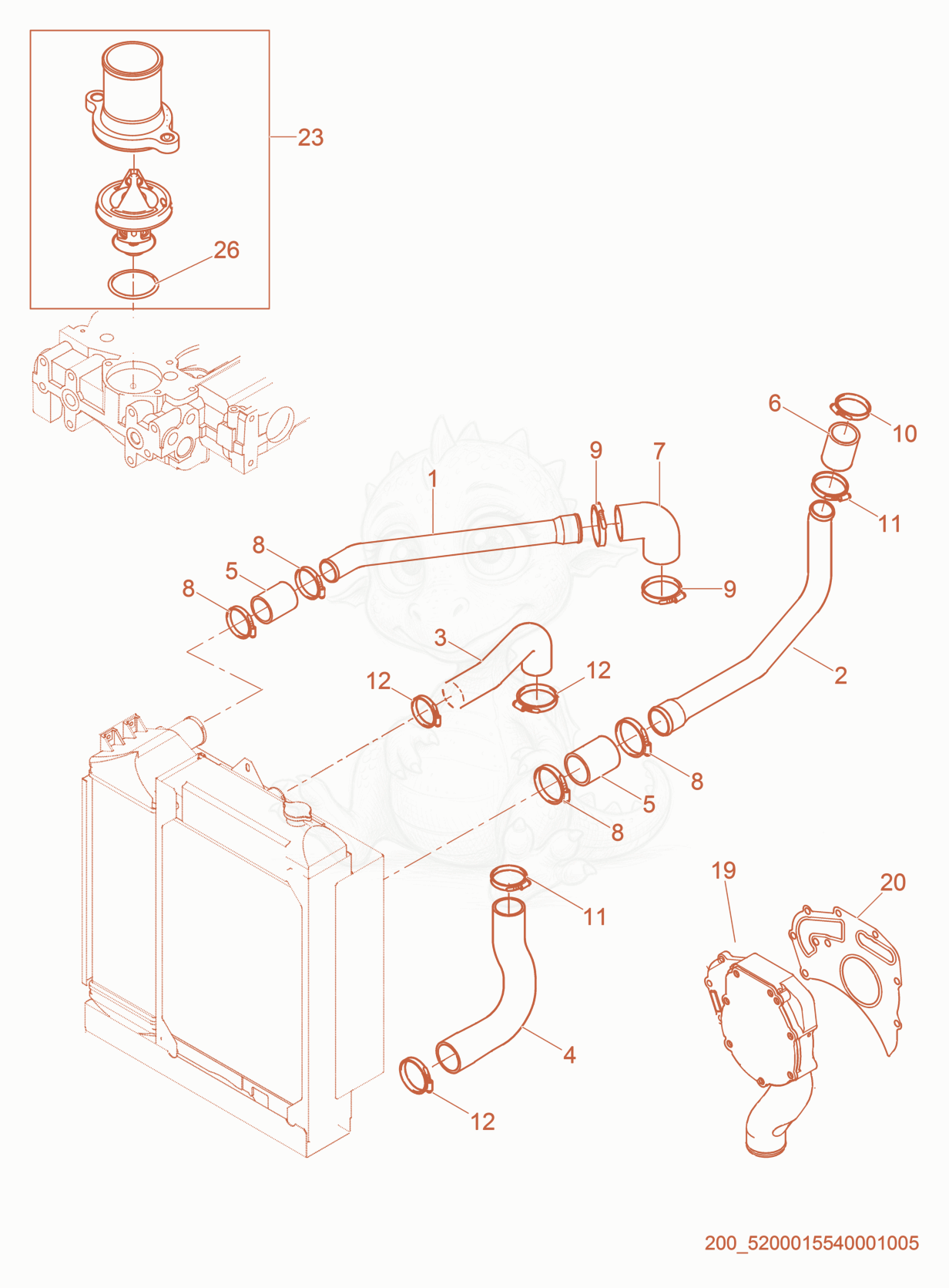 Exploded parts diagram of the Radiator Hoses of a Wacker Neuson G95, with numbered balloons