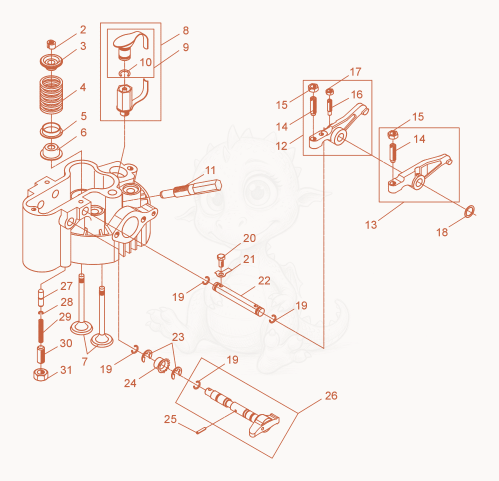 Exploded parts diagram of the Cylinder head of a Wacker Neuson DPU2970, with numbered balloons