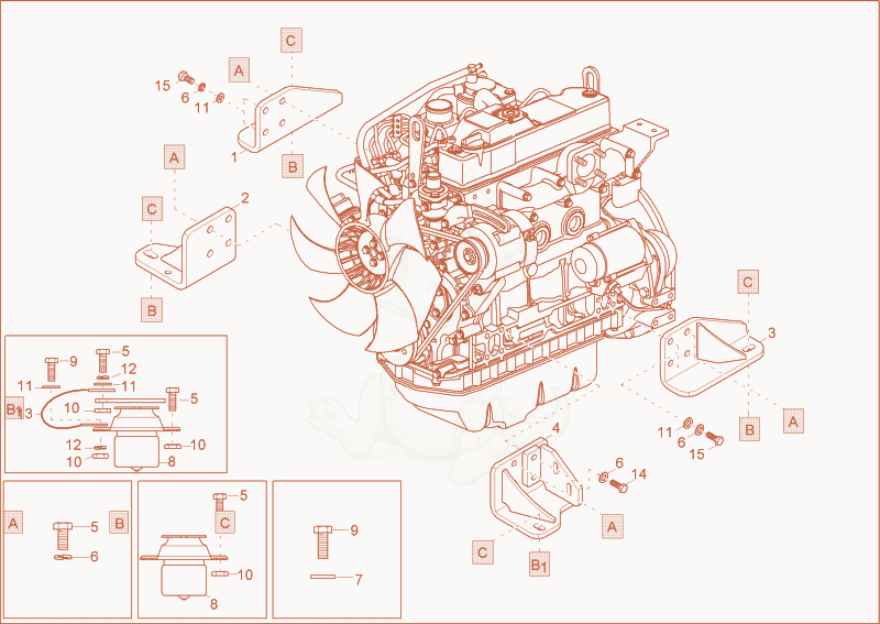 Exploded parts diagram of the Engine bedding of a Wacker Neuson 4001, with numbered balloons
