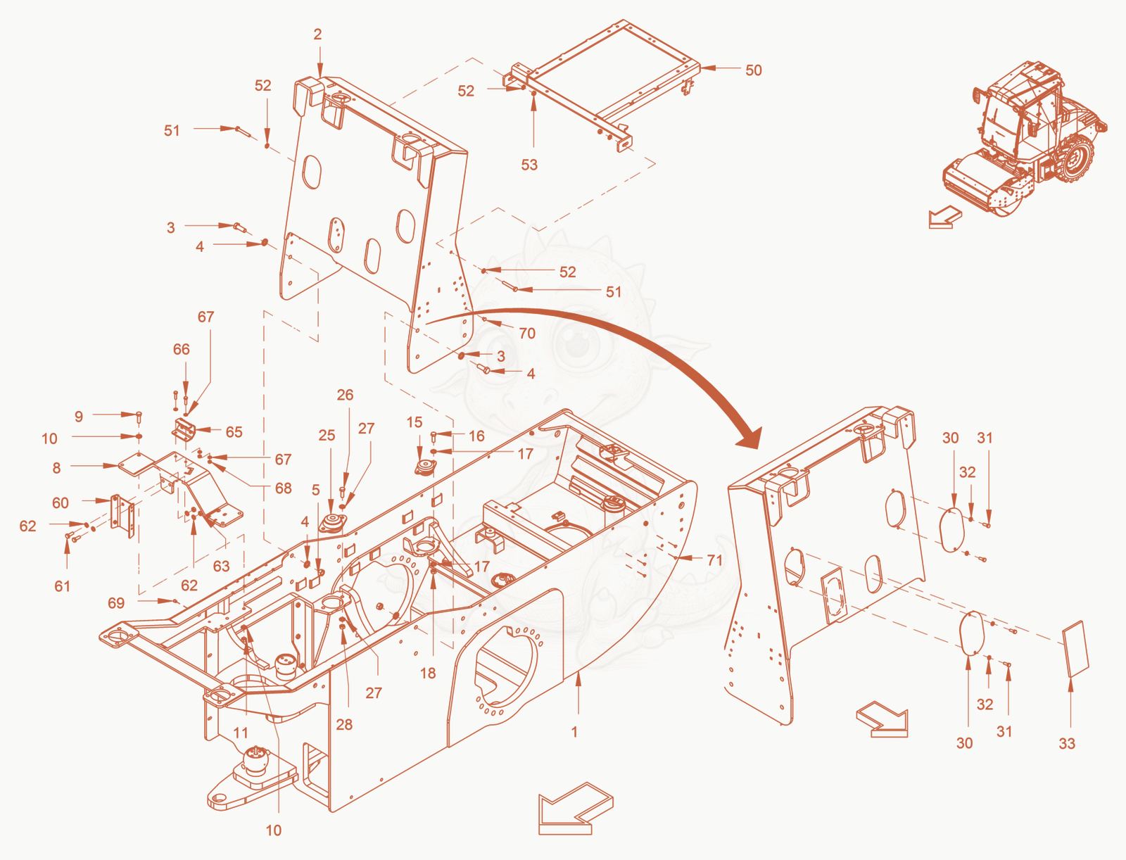 Exploded parts diagram of the Main Frame and Assemblies of a Wacker Neuson RC70, with numbered balloons