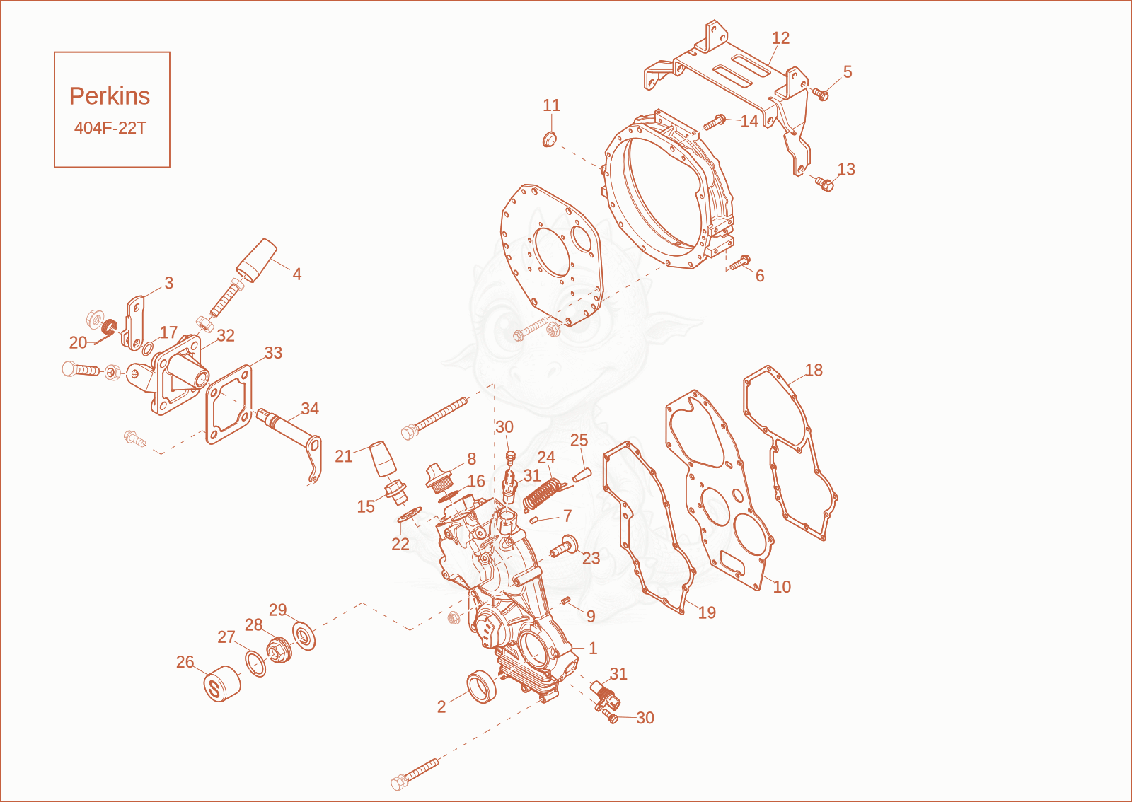 Despiece del seal crankshaft de una máquina Wacker Neuson EZ53, con globos numerados