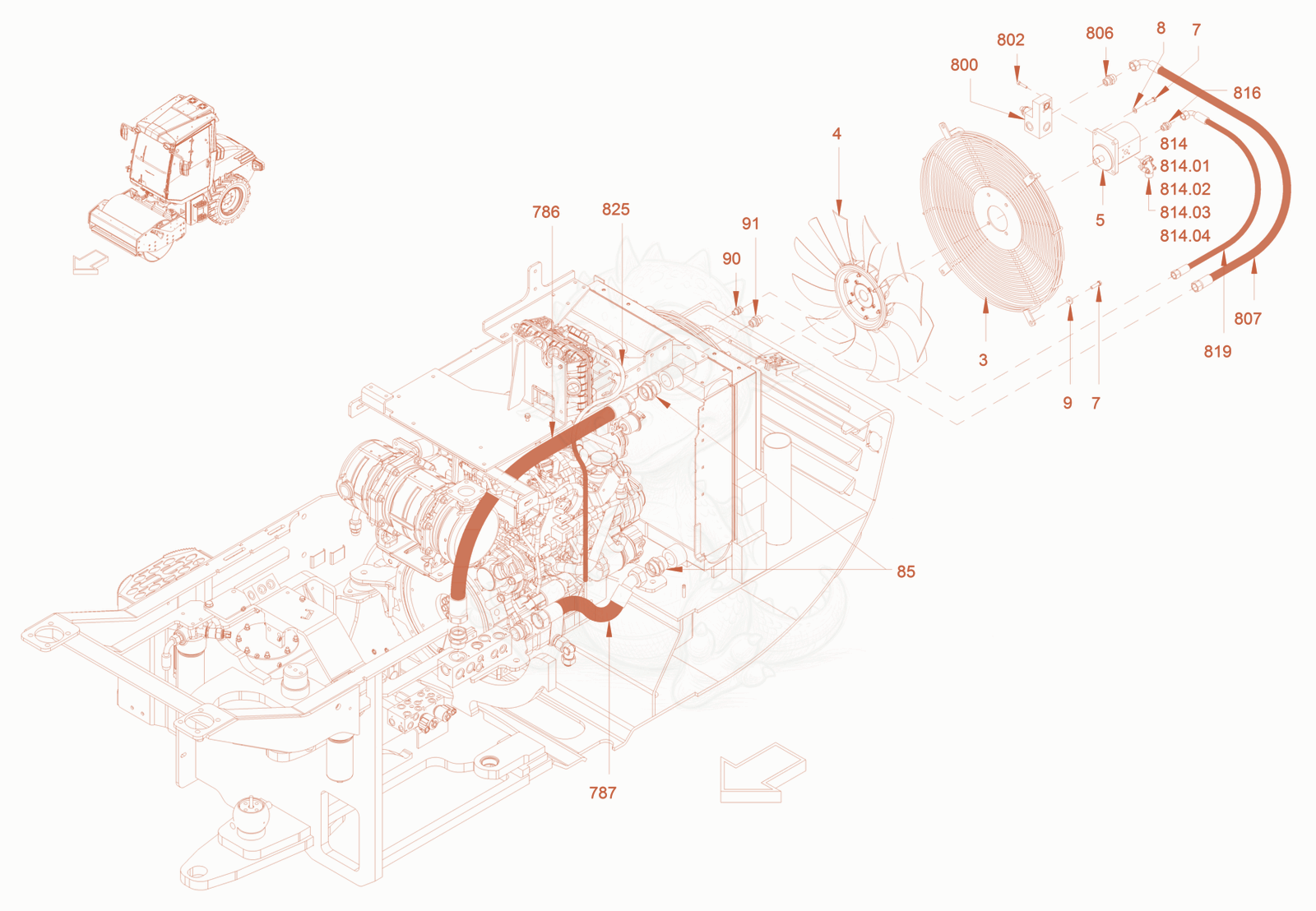 Exploded parts diagram of the cooling (engine/hydraulic oil) of a Wacker Neuson RC70P, with numbered balloons